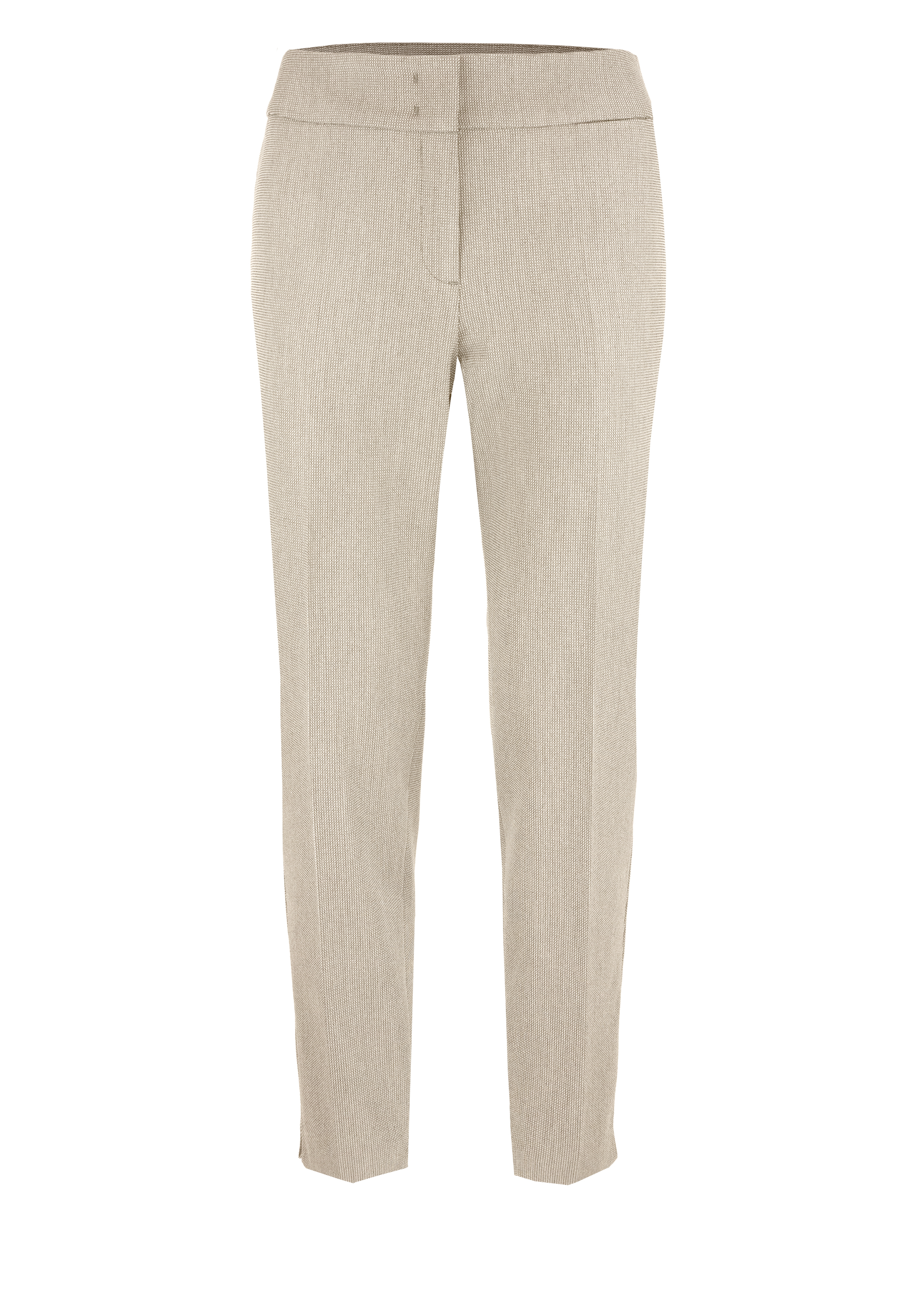 Beigefarbene maßgeschneiderte Anzughose mit schmaler Passform, Bügelfalte und geraden Beinen vor weißem Hintergrund.