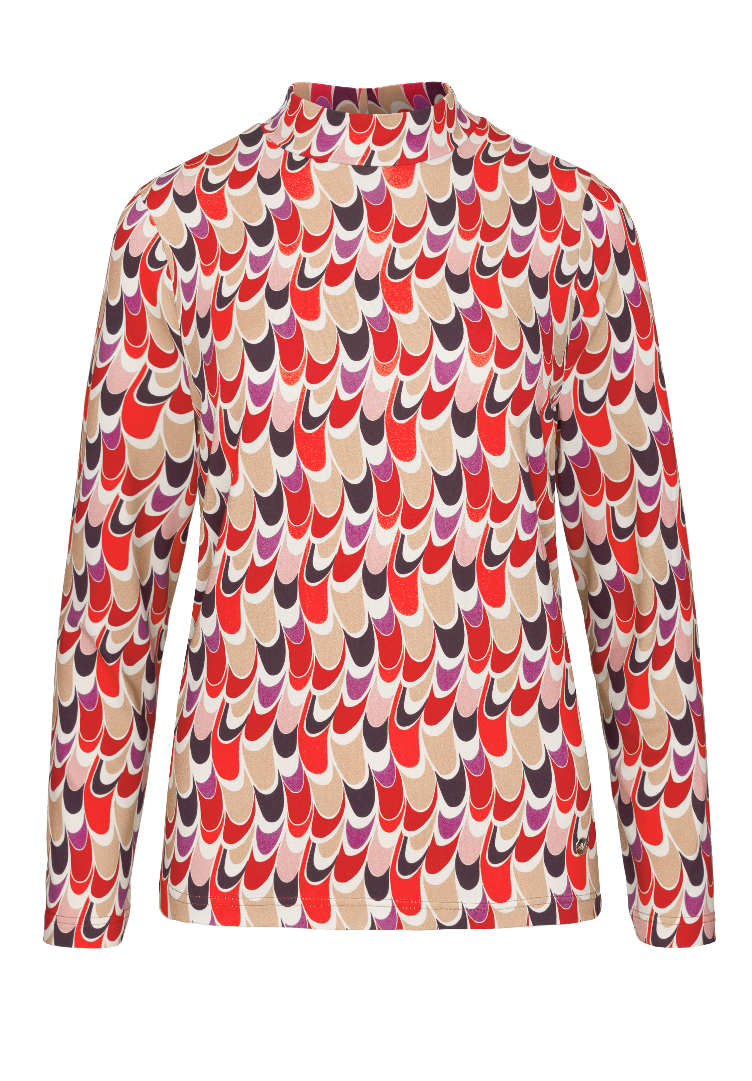 Langärmliges Shirt mit hohem Ausschnitt und einem kräftigen, farbenfrohen Muster aus überlappenden geschwungenen Formen in Rot-, Lila-, Beige- und Cremetönen.