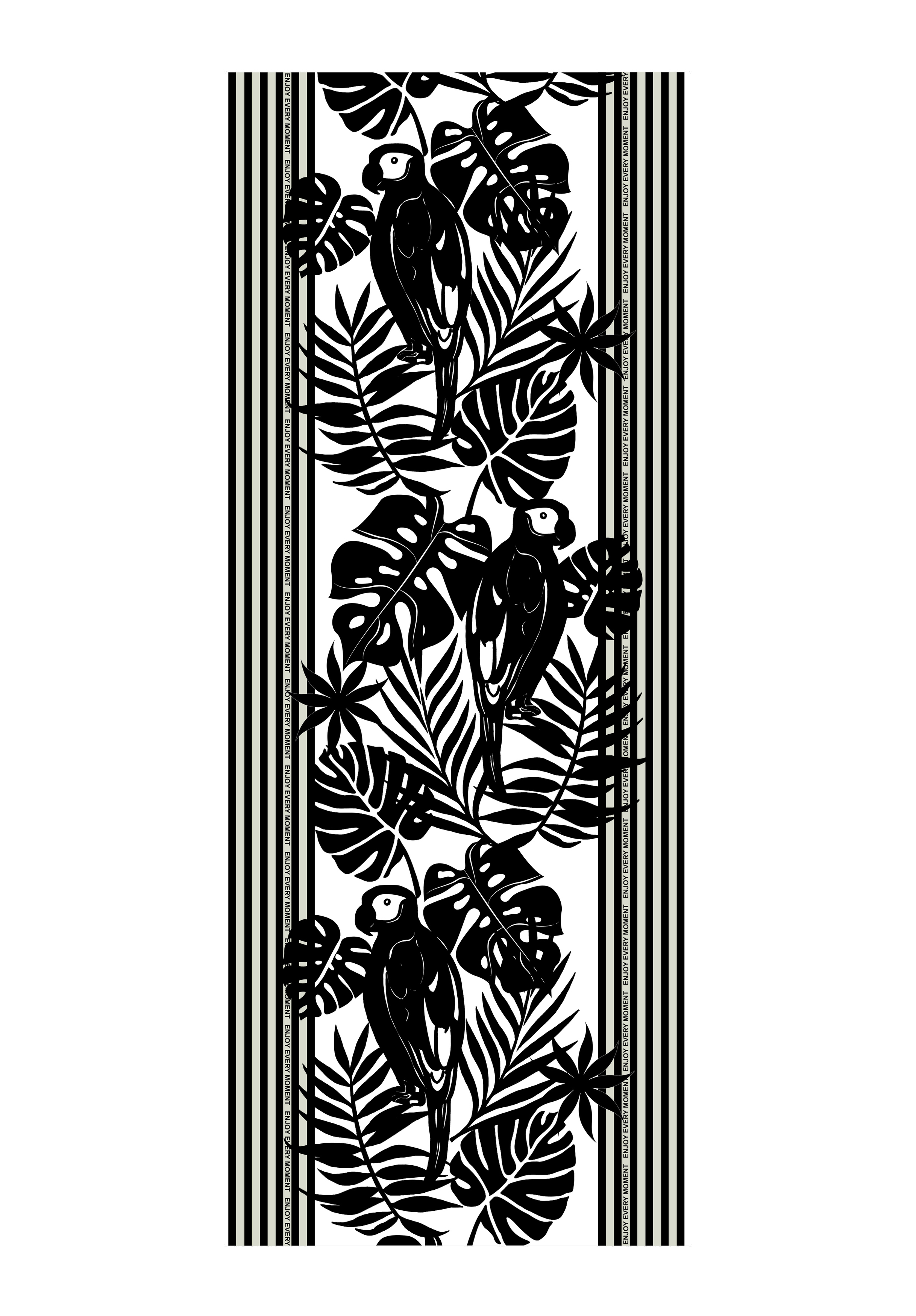 Schwarz-weiße Illustration von drei Papageien, die zwischen tropischen Blättern sitzen, mit einem dekorativen vertikalen Streifenrand auf jeder Seite.
