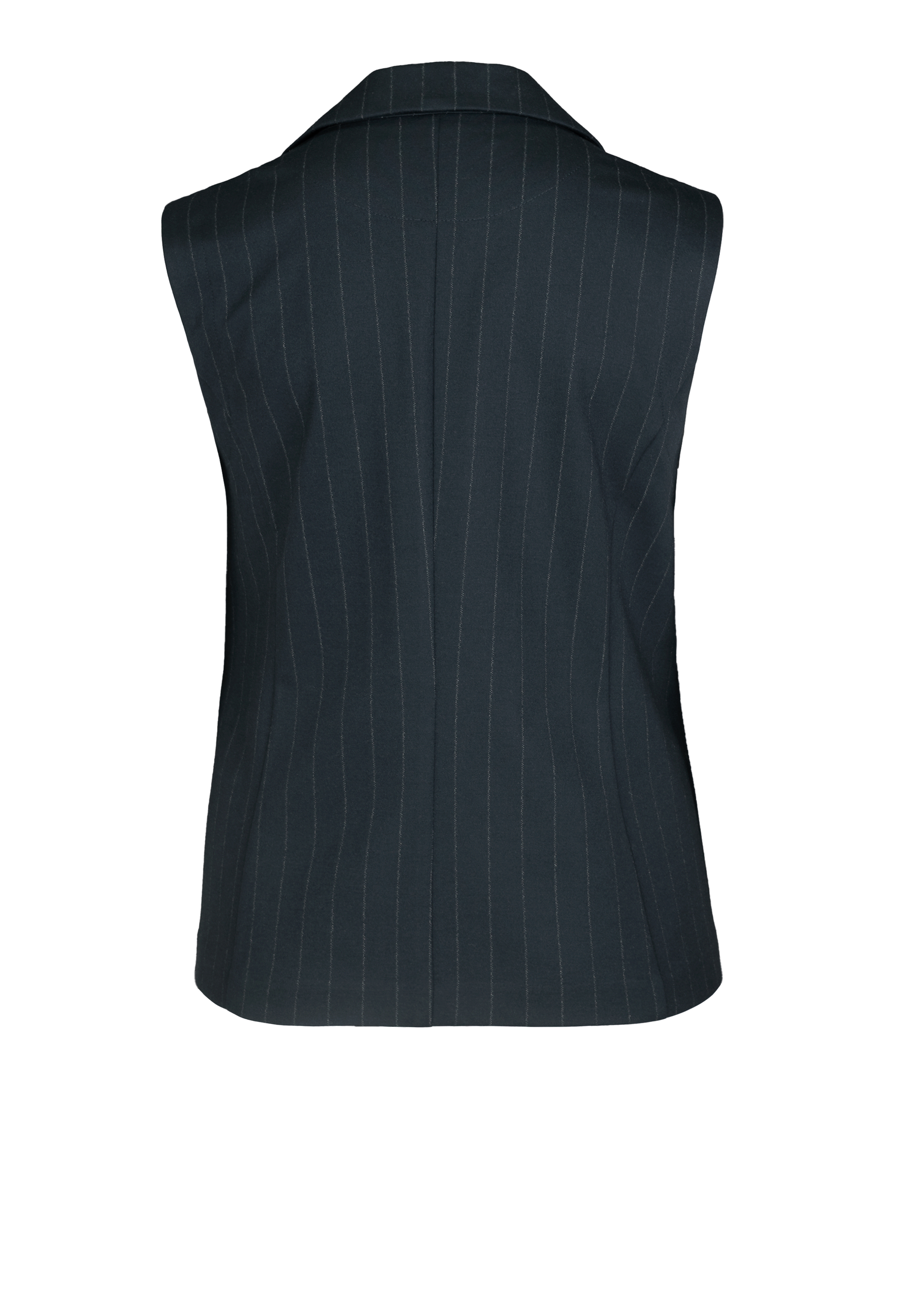 Eine ärmellose, dunkle Nadelstreifenweste mit Kragen und vertikalen weißen Streifen auf schwarzem Grund, von hinten gesehen.