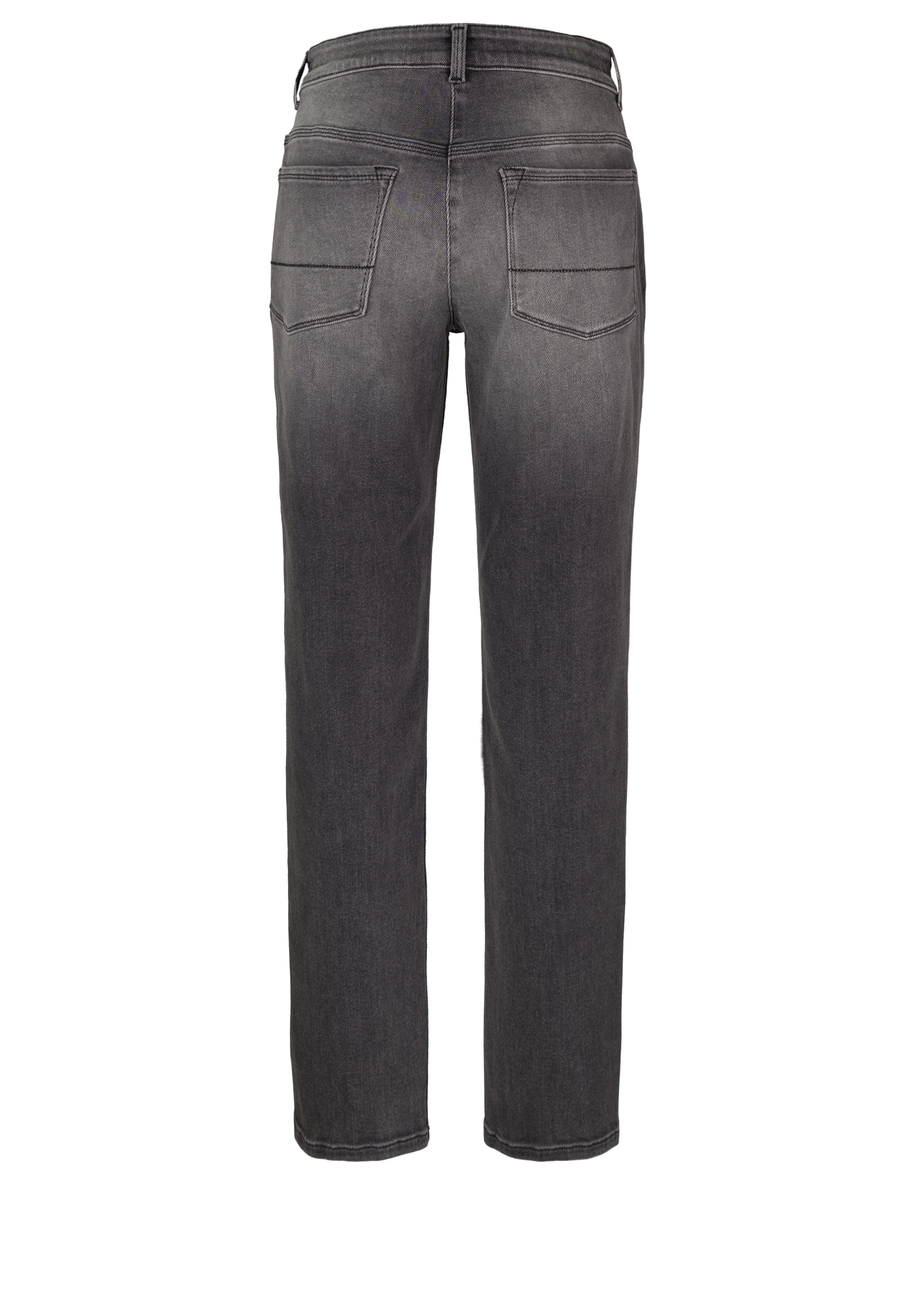 Rückansicht einer grauen Jeans mit geradem Bein, zwei Gesäßtaschen und sichtbaren Nähten vor weißem Hintergrund.