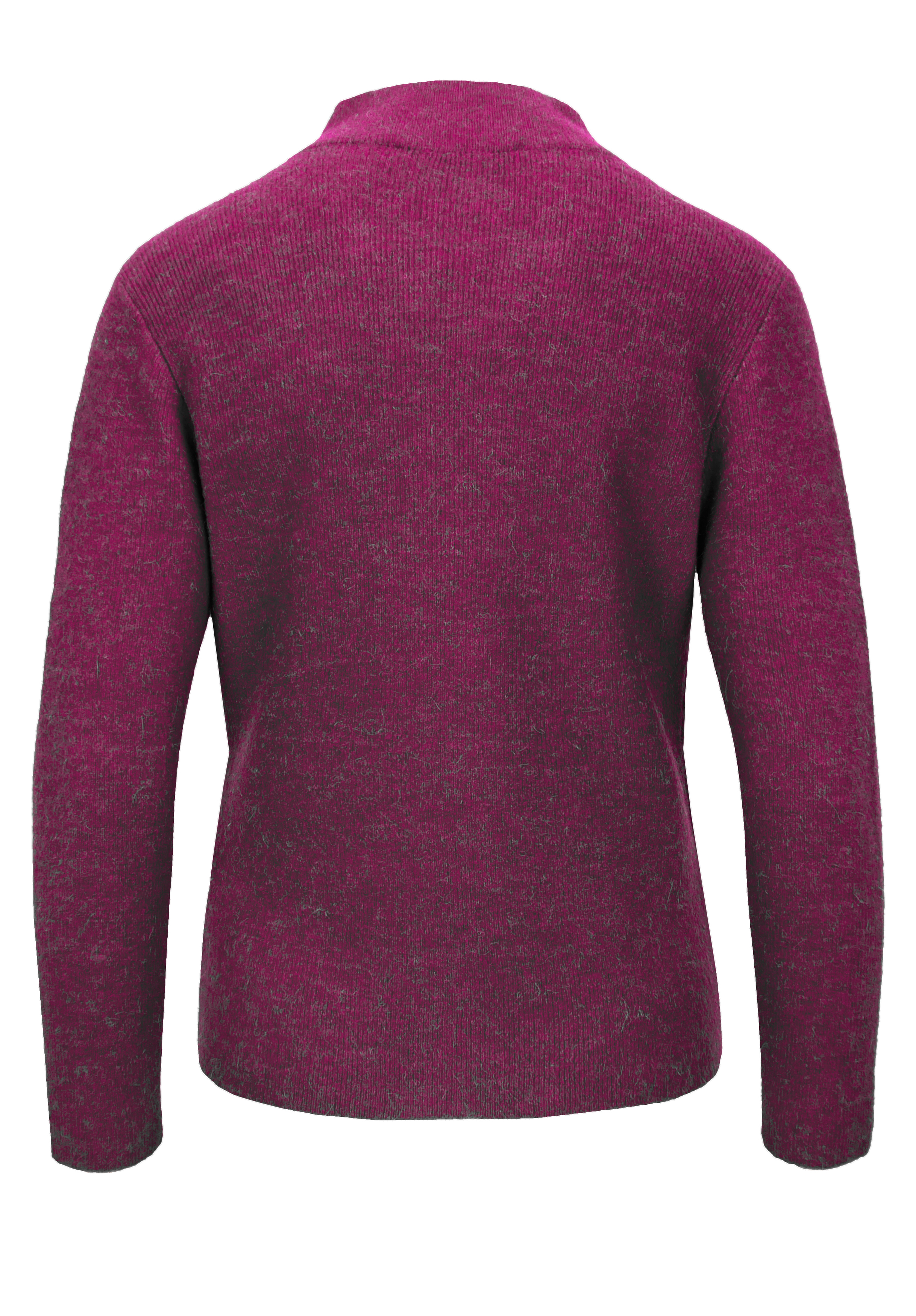 Ein langärmliger, magentafarbener Pullover von hinten, mit einfachem, schlichtem Design und hohem Ausschnitt.