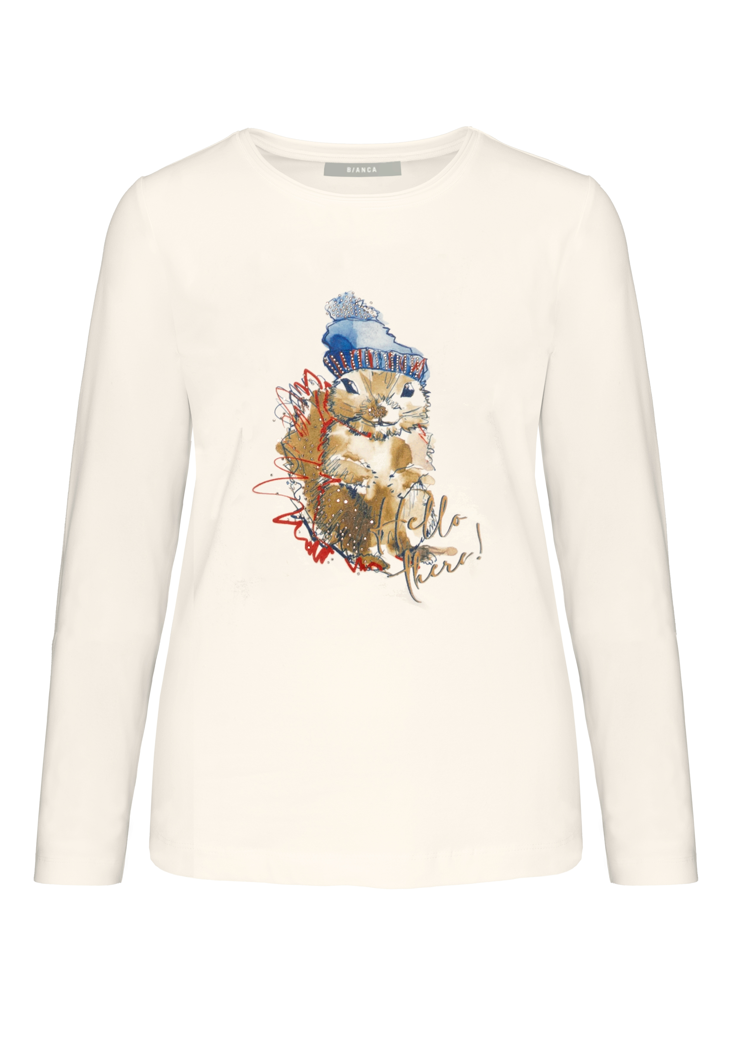 Weißes Langarmshirt mit einer illustrierten Katze, die eine blaue Wintermütze mit Bommel trägt, umgeben von künstlerischen Kritzeleien und dem Text Hello There! in Schreibschrift.