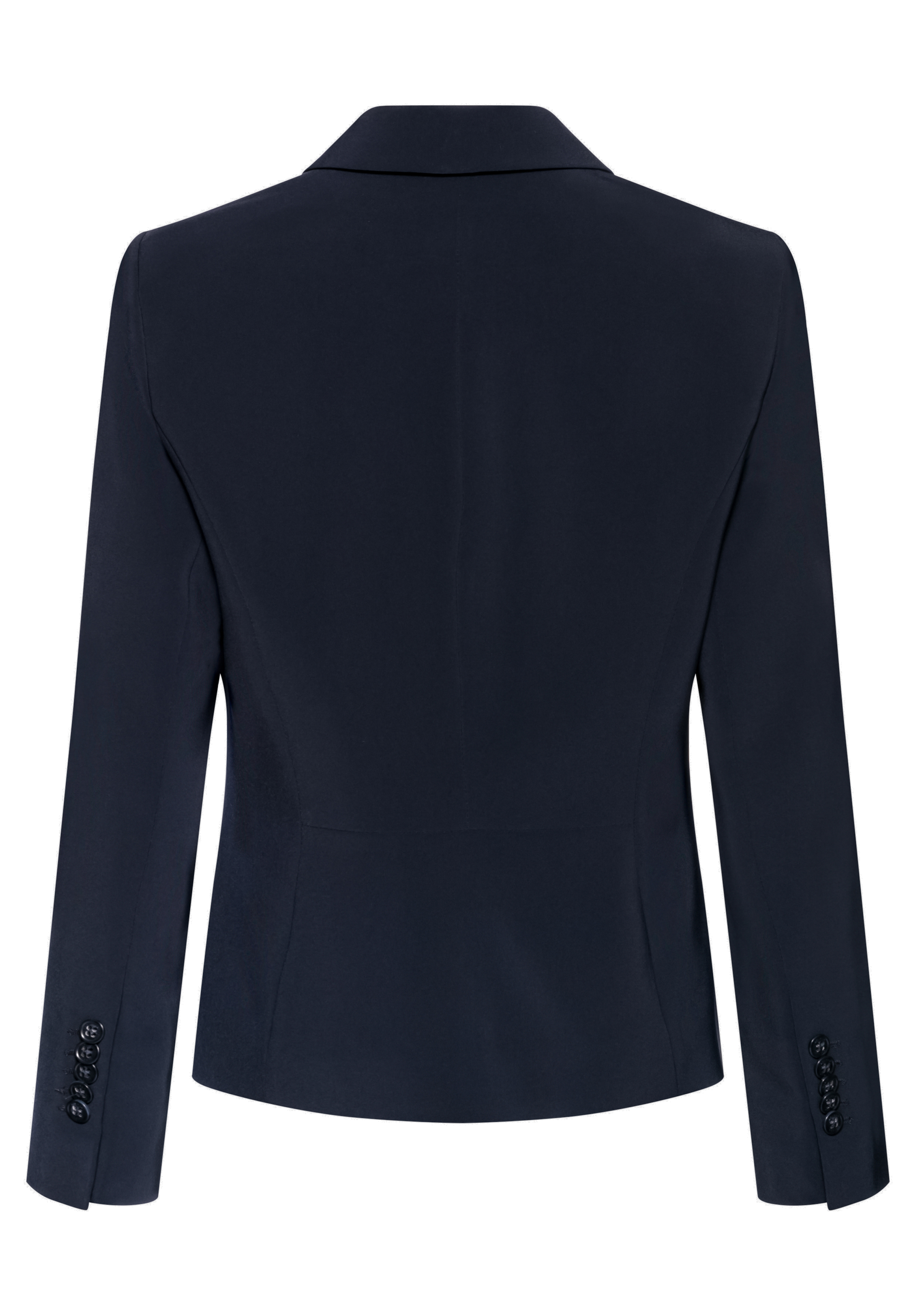 Marineblauer Damenblazer, von hinten gesehen, mit langen Ärmeln mit Knopfdetails an den Manschetten und einer taillierten Passform.