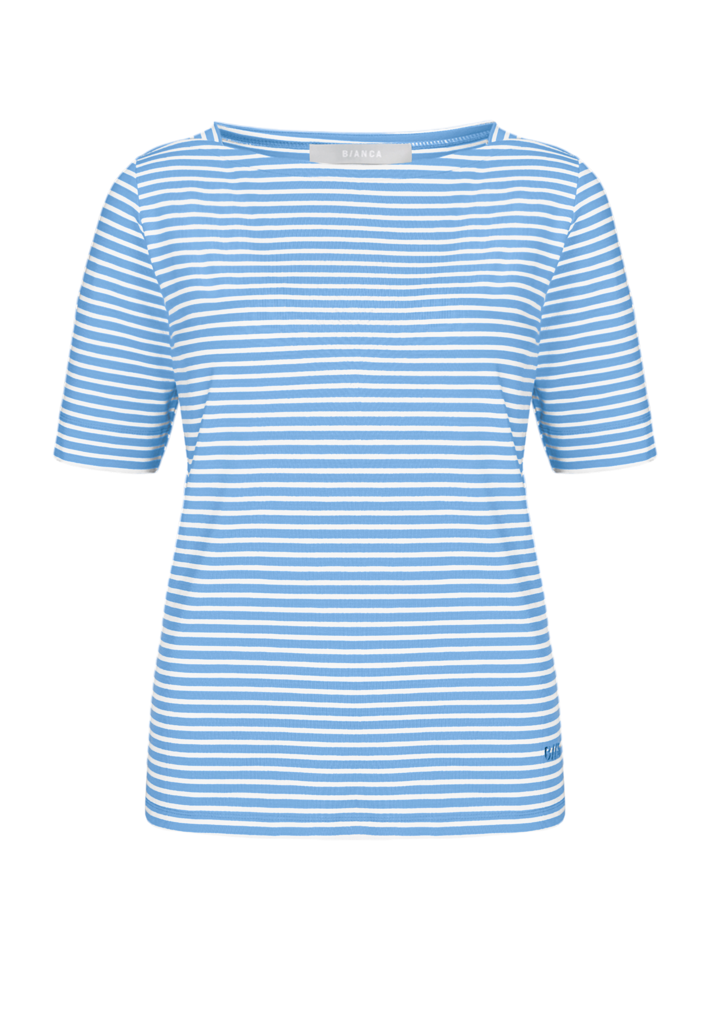 Ein kurzärmeliges, blau-weiß gestreiftes Damen-T-Shirt auf weißem Hintergrund. Das Shirt hat einen runden Ausschnitt und eine lockere Passform.