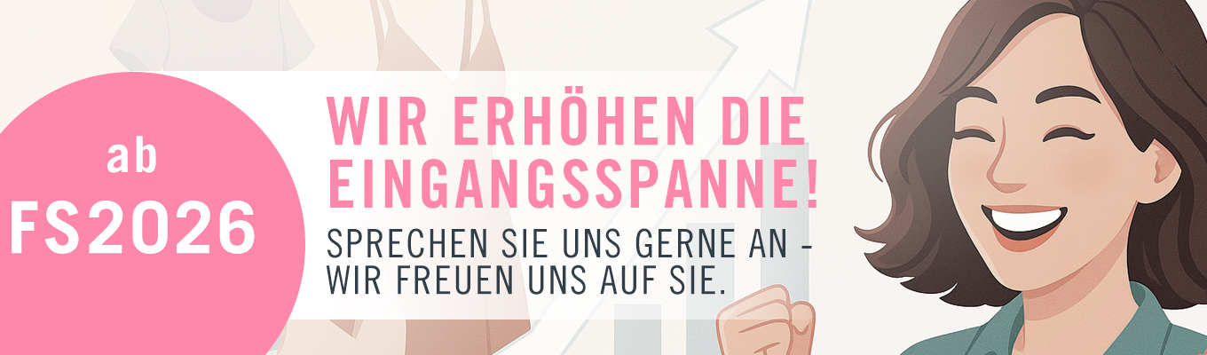 Eine fröhlich illustrierte Frau lächelt und hebt aufgeregt die Faust. Der deutsche Text lautet: Ab FS2026: Wir erhöhen die Eingangsspanne! Sprechen Sie uns gerne an - wir freuen uns auf Sie.
