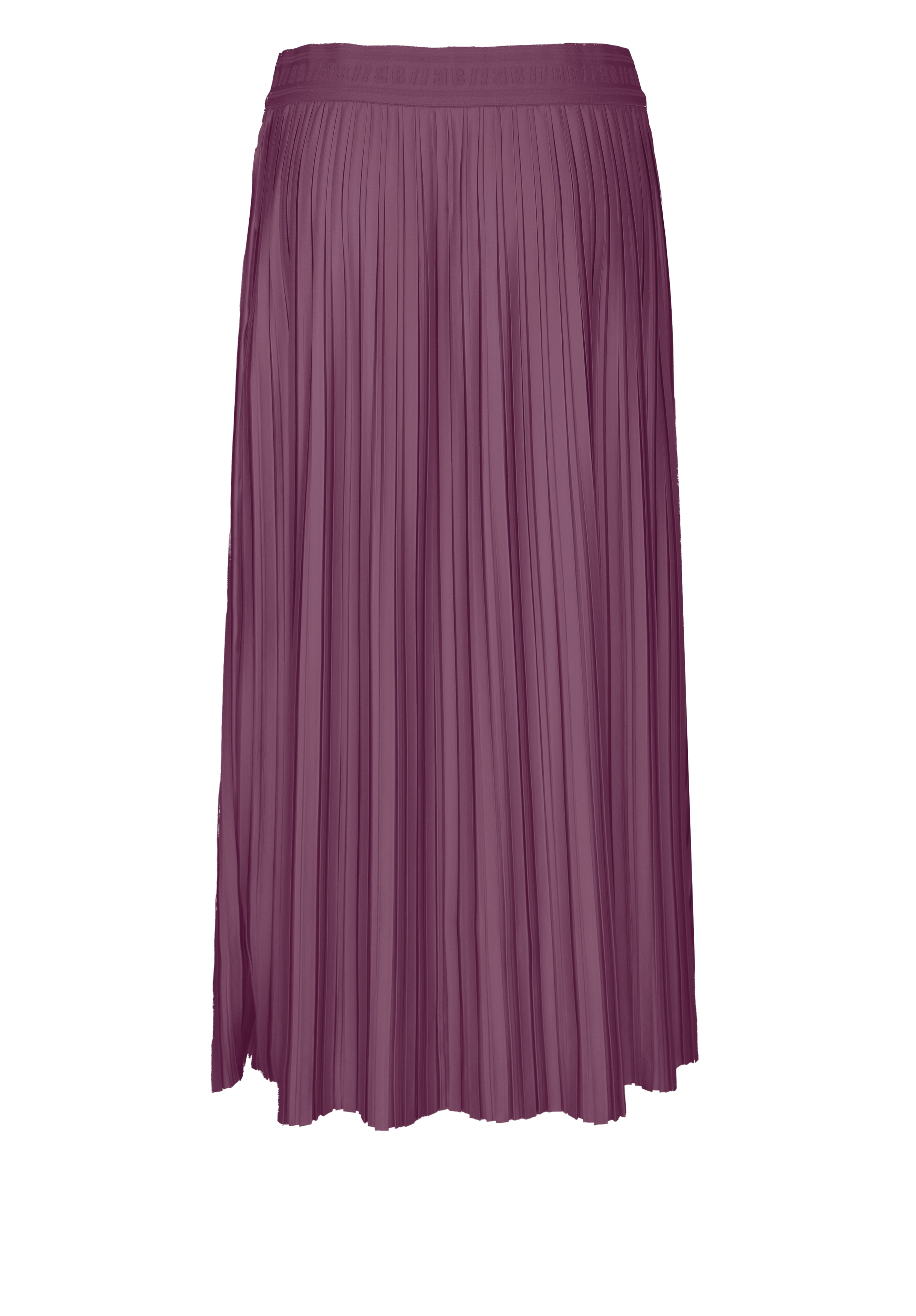 Ein lila, knielanger Faltenrock mit tailliertem Bund auf weißem Grund.
