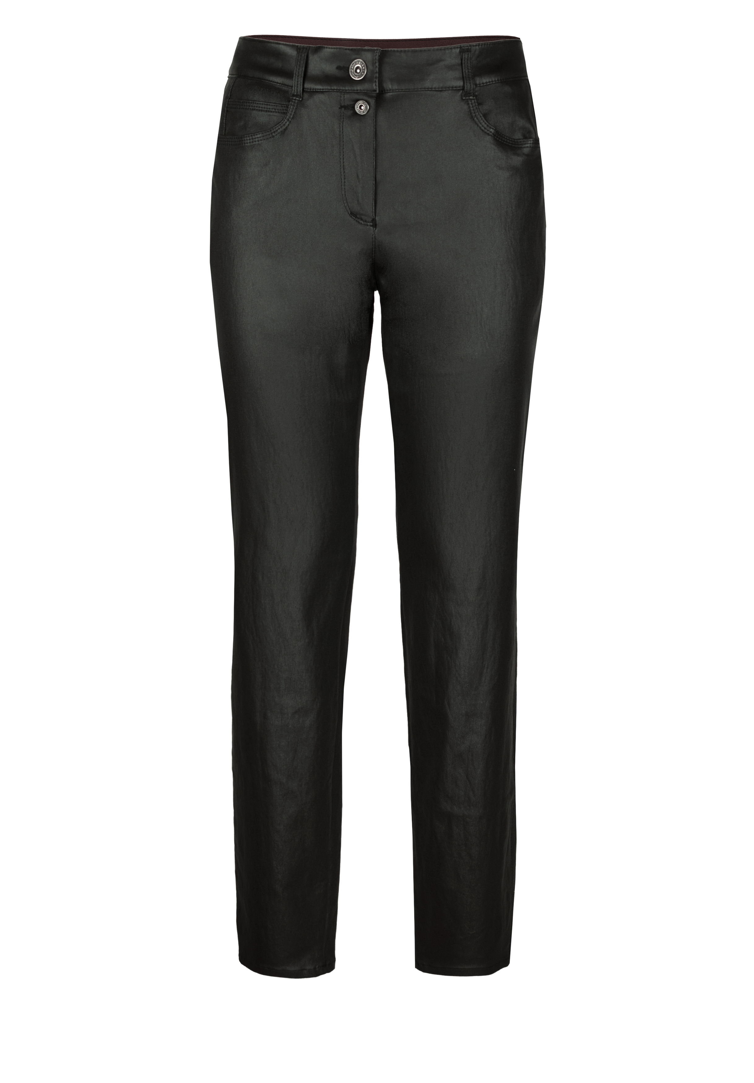 Schwarze, gerade geschnittene Hose aus glänzendem Material mit Vorder- und Gesäßtaschen und Doppelknopfverschluss am Bund. Die Hose ist auf weißem Hintergrund abgebildet.