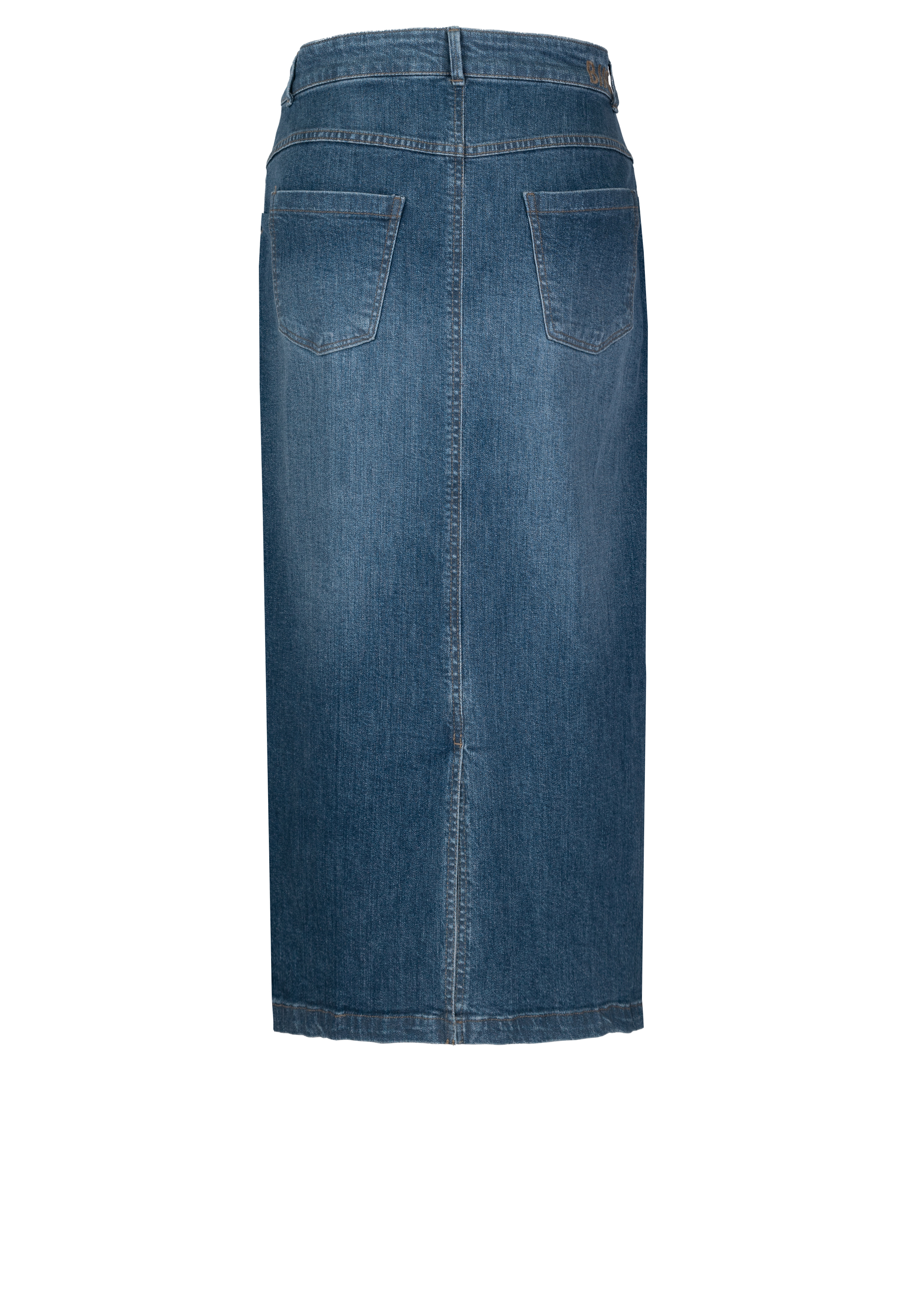Rückansicht eines blauen Jeans-Midirocks mit zwei Gesäßtaschen, Gürtelschlaufen und sichtbaren Nähten entlang der Nähte.