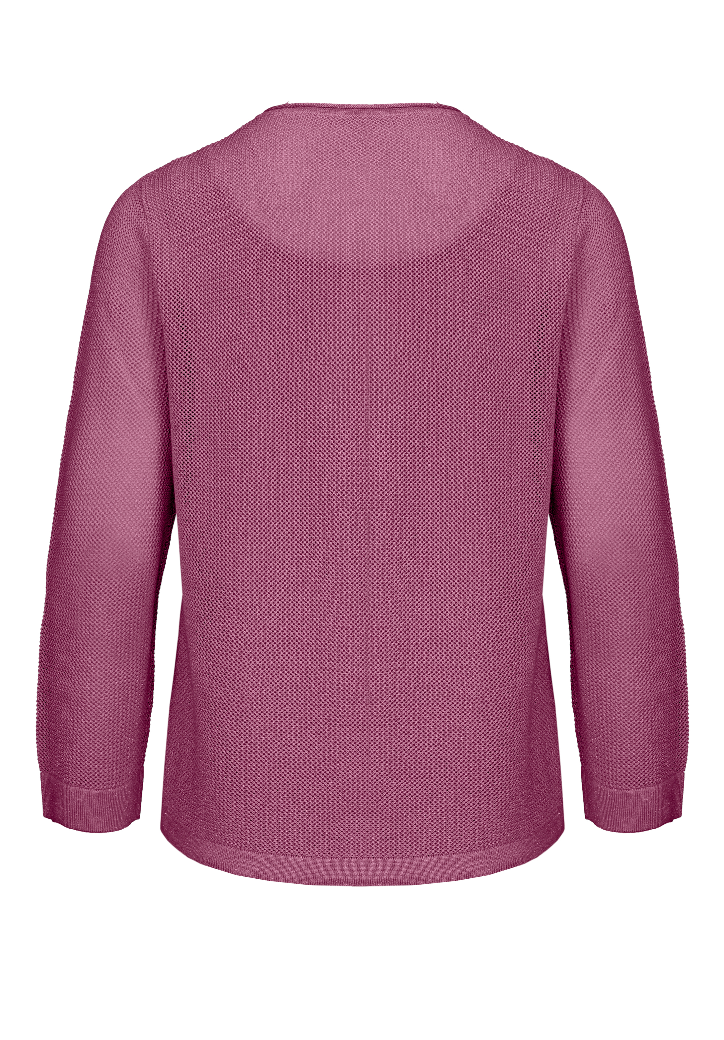 Rückenansicht eines strukturierten, langärmeligen, rosafarbenen Pullovers mit rundem Halsausschnitt und lockerer Passform, dargestellt auf einem schlichten weißen Hintergrund.