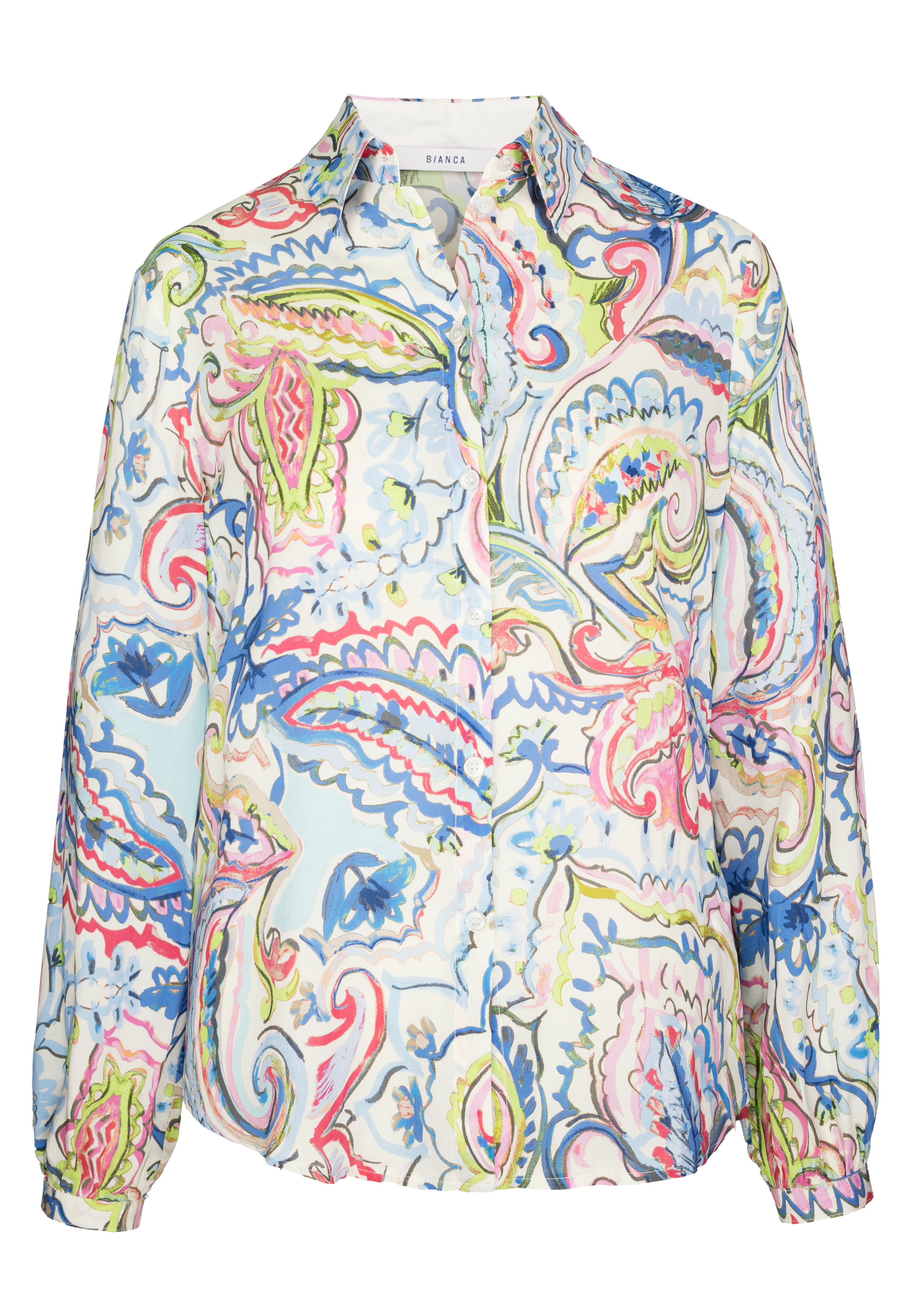 Eine langärmelige Bluse mit Knopfleiste und einem farbenfrohen Paisley-Muster in Rosa, Blau, Grün und Gelb auf hellem Hintergrund. Die Bluse hat einen Kragen und eine lockere Passform.