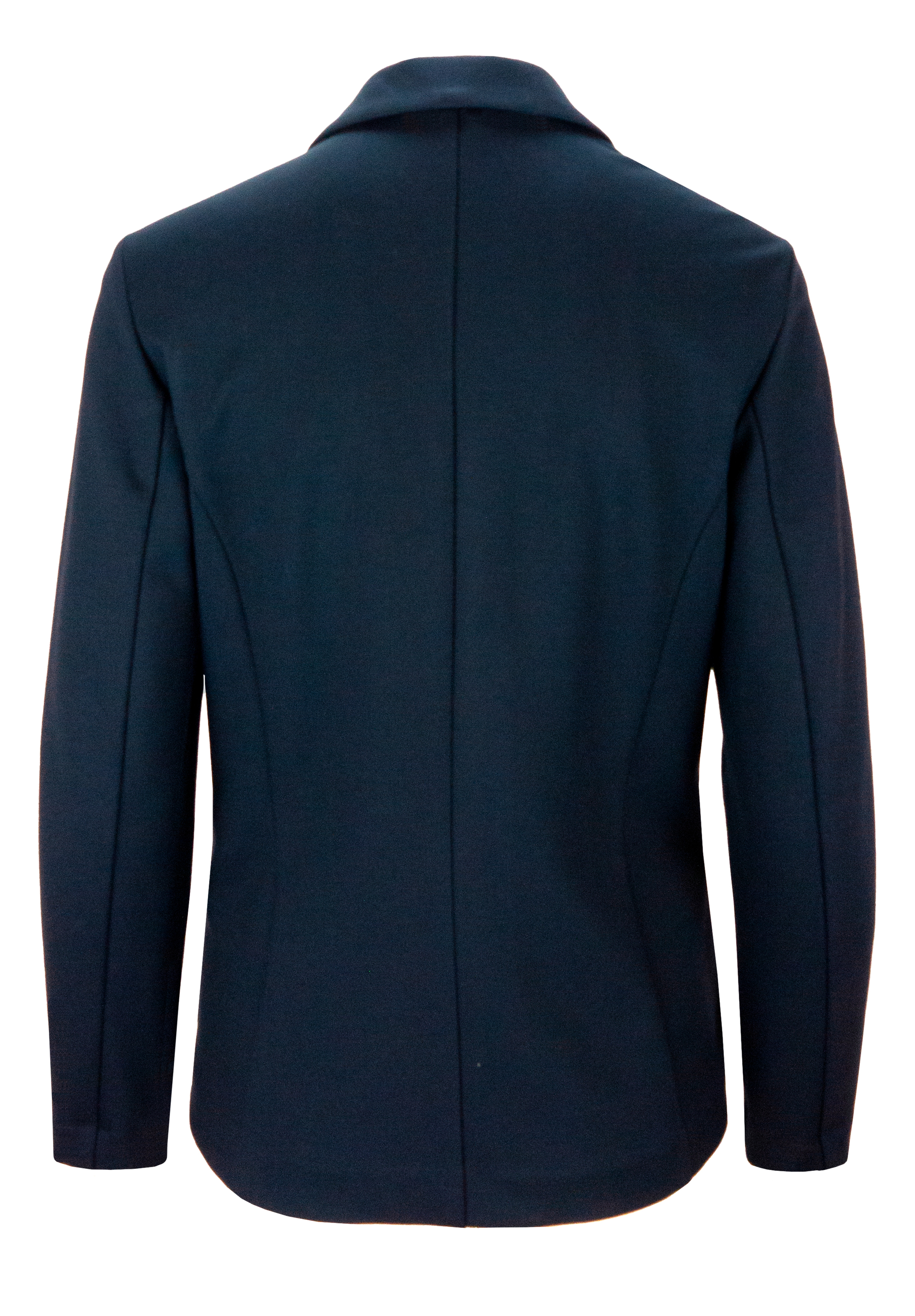 Marineblauer Blazer von hinten gezeigt, mit einem einfachen, maßgeschneiderten Design mit langen Ärmeln, einer einzigen Mittelnaht und einem Reverskragen.
