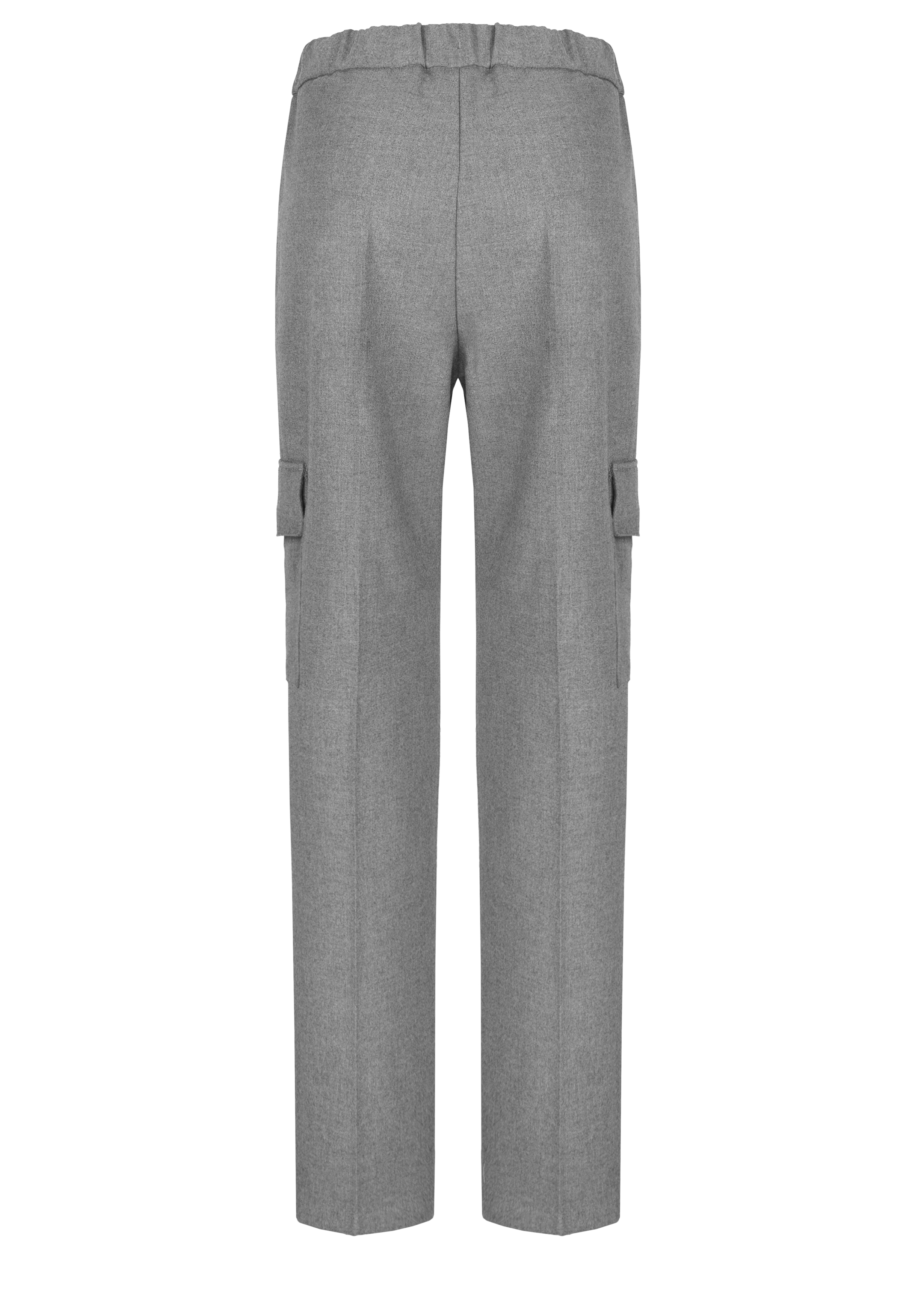 Rückansicht einer grauen Hose mit geradem Bein, elastischem Bund und seitlichen Cargotaschen. Die Hose wirkt tailliert und hat sichtbare Nähte an jedem Bein.