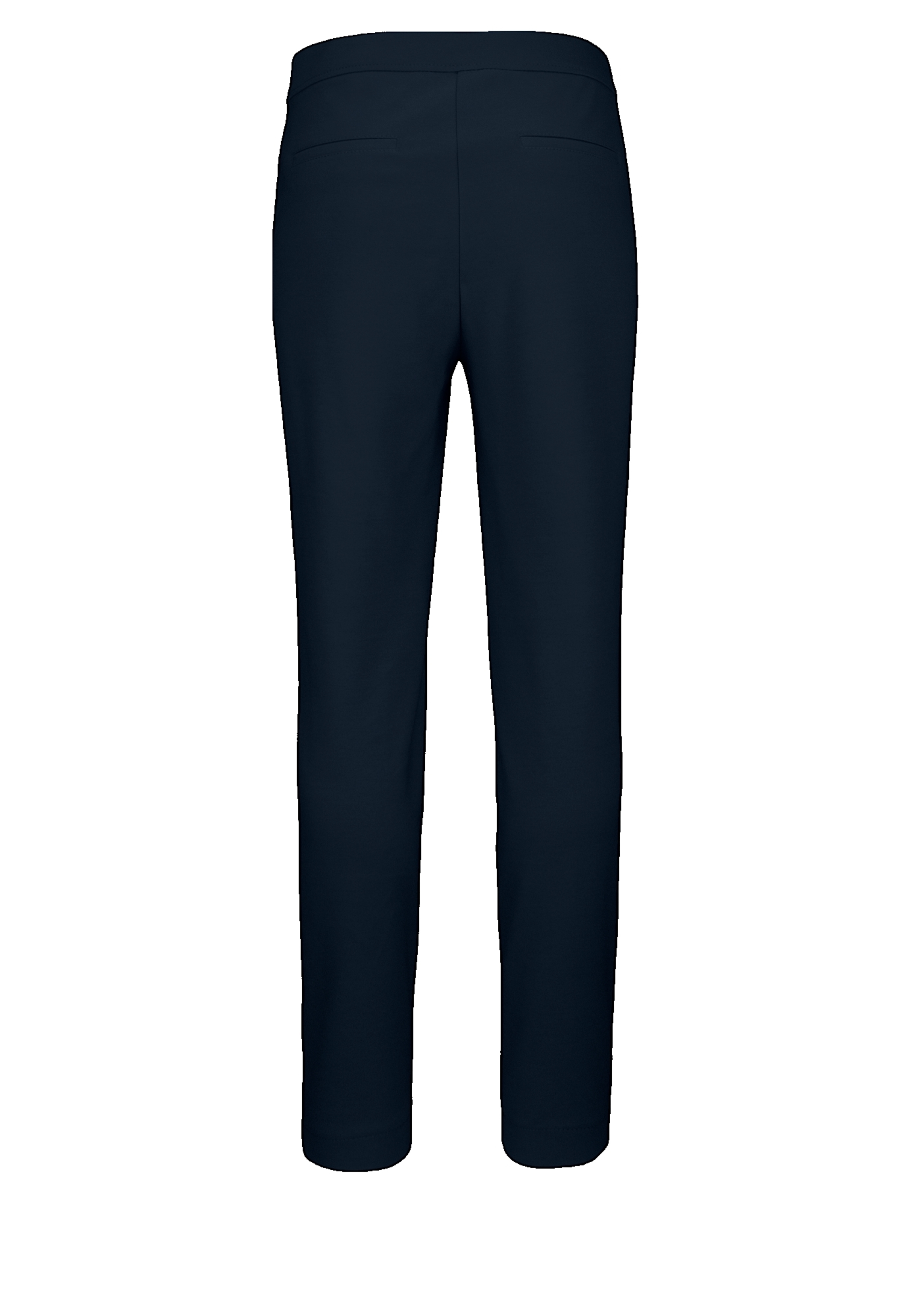 Rückansicht einer dunkelblauen Hose mit tailliertem Bund und geradem Bein vor weißem Hintergrund. Die Hose hat ein klares, schlichtes Design ohne sichtbare Verzierungen.