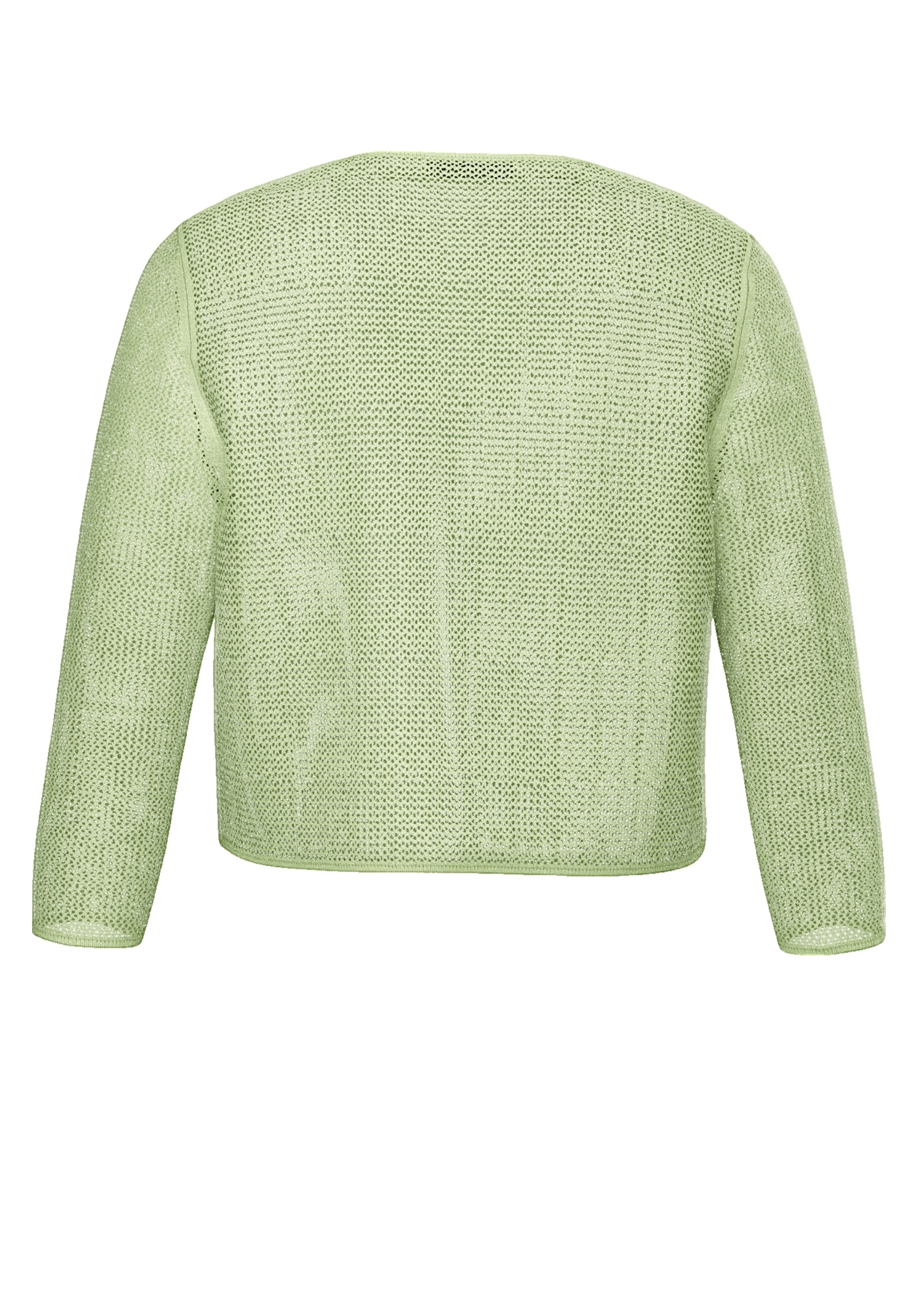 Rückansicht eines hellgrünen, langärmeligen Strickpullovers auf weißem Hintergrund. Der Stoff hat eine lockere, offene Webstruktur, und der Pullover ist leicht verkürzt.