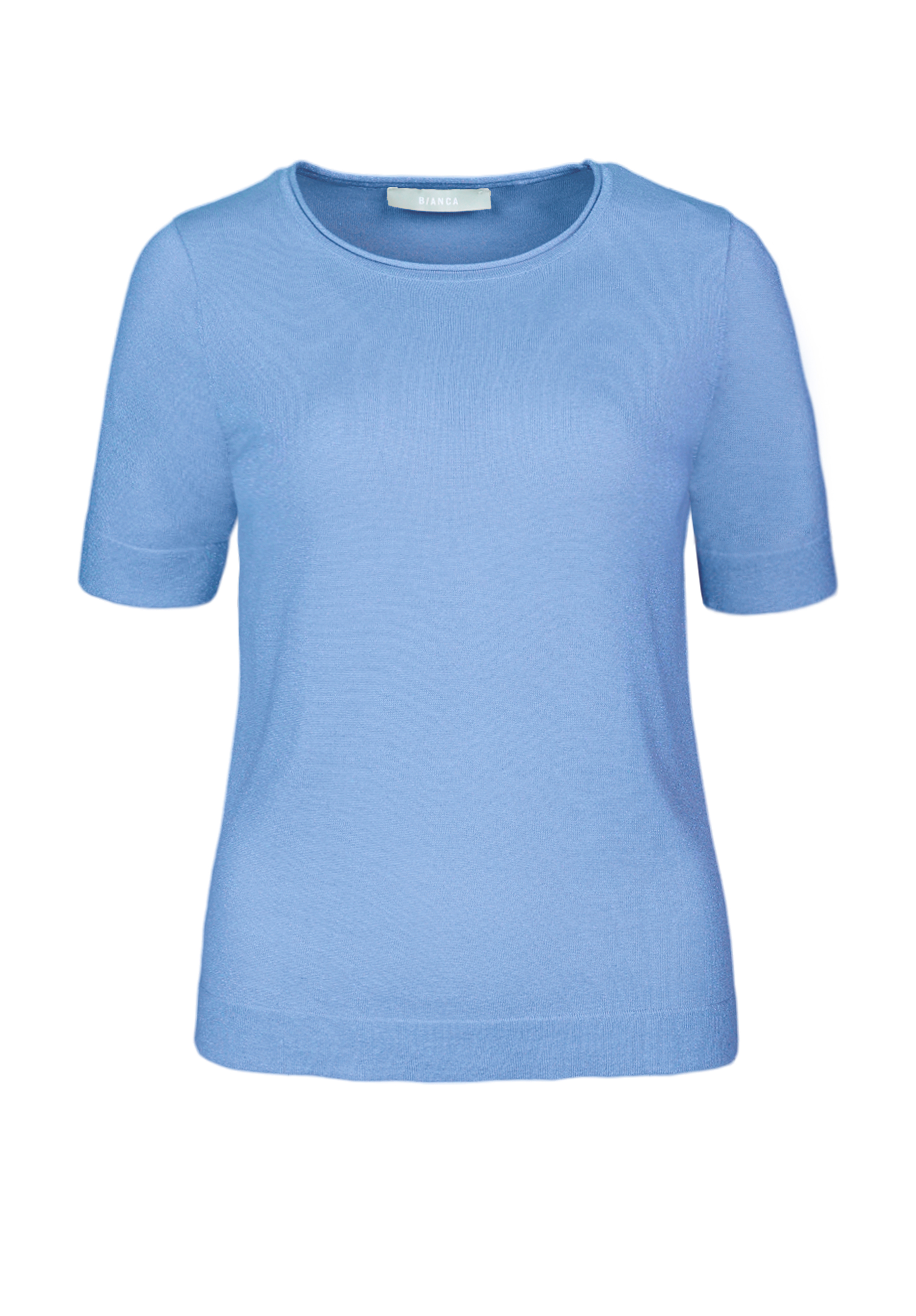 Hellblaues kurzärmliges Strickoberteil mit rundem Ausschnitt auf schlichtem weißem Hintergrund.