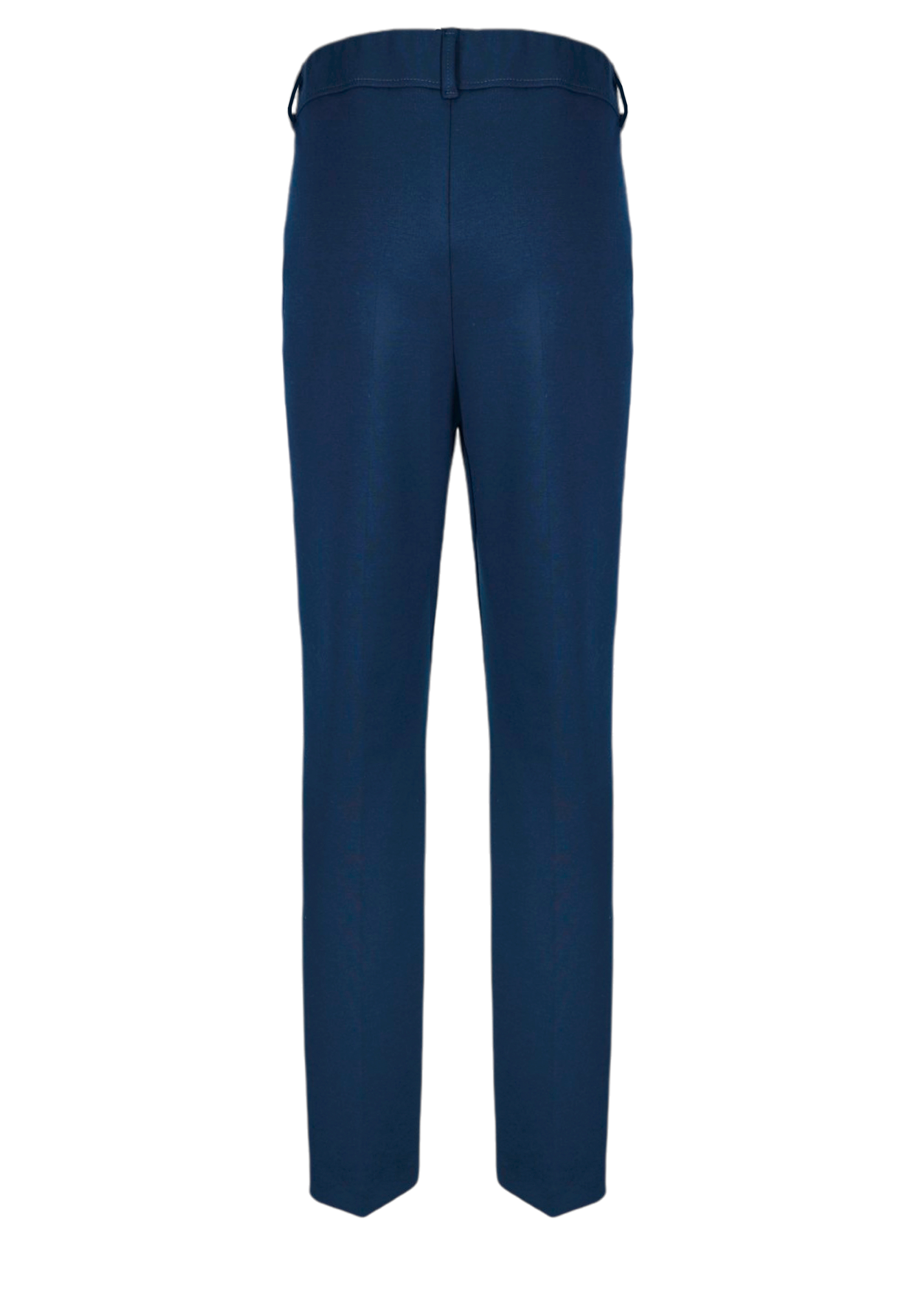 Eine maßgeschneiderte, dunkelblaue Anzughose von hinten, mit Gürtelschlaufen und einem klaren, stromlinienförmigen Design ohne sichtbare Taschen oder Verzierungen.