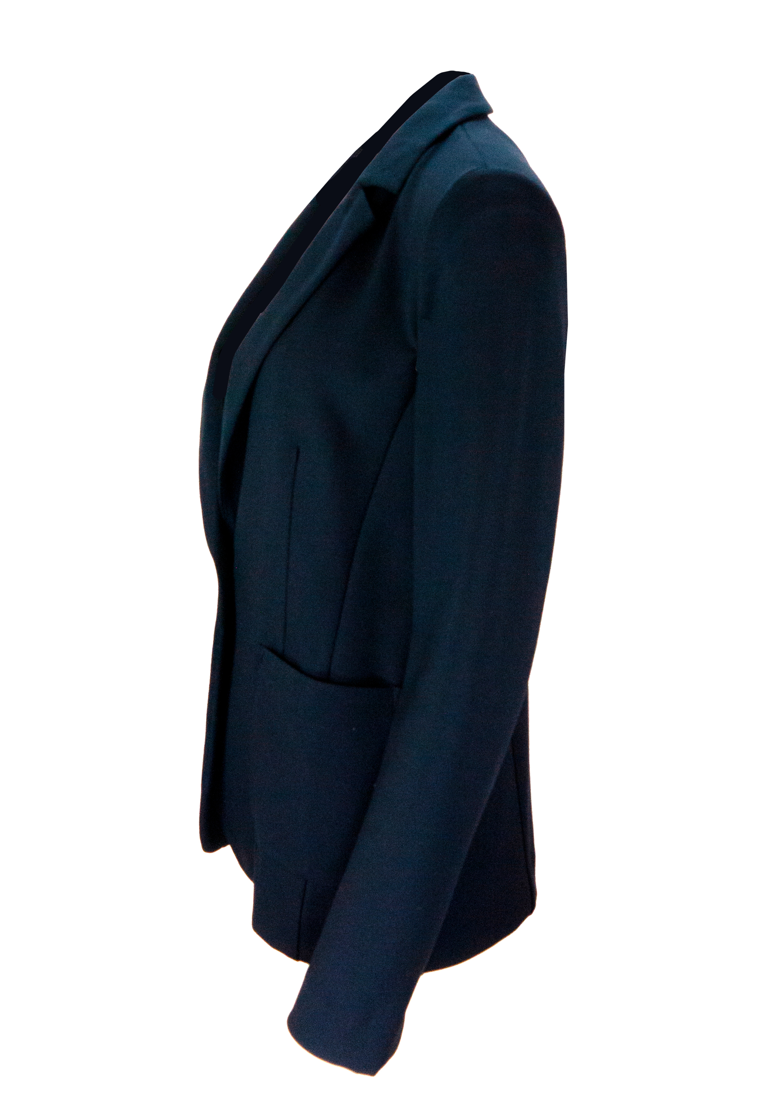 Ein dunkelblauer Blazer, von der Seite vor einem weißen Hintergrund gezeigt, wobei die maßgeschneiderte Passform, die langen Ärmel und das Revers hervorgehoben werden.