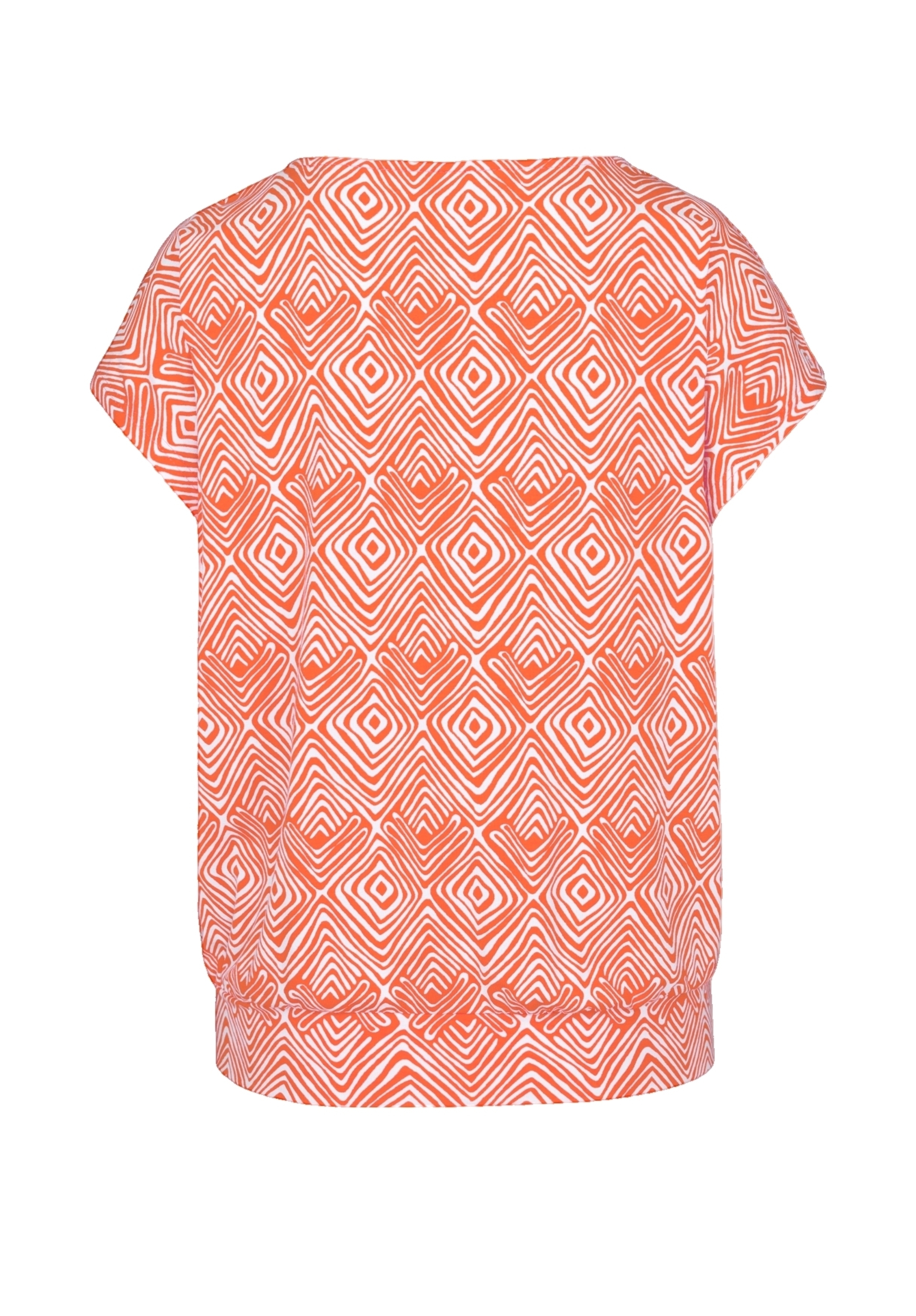 Rückansicht eines kurzärmeligen, locker sitzenden Oberteils mit orange-weißem geometrischem Rautenmuster. Der Stoff wirkt lässig und leicht.
