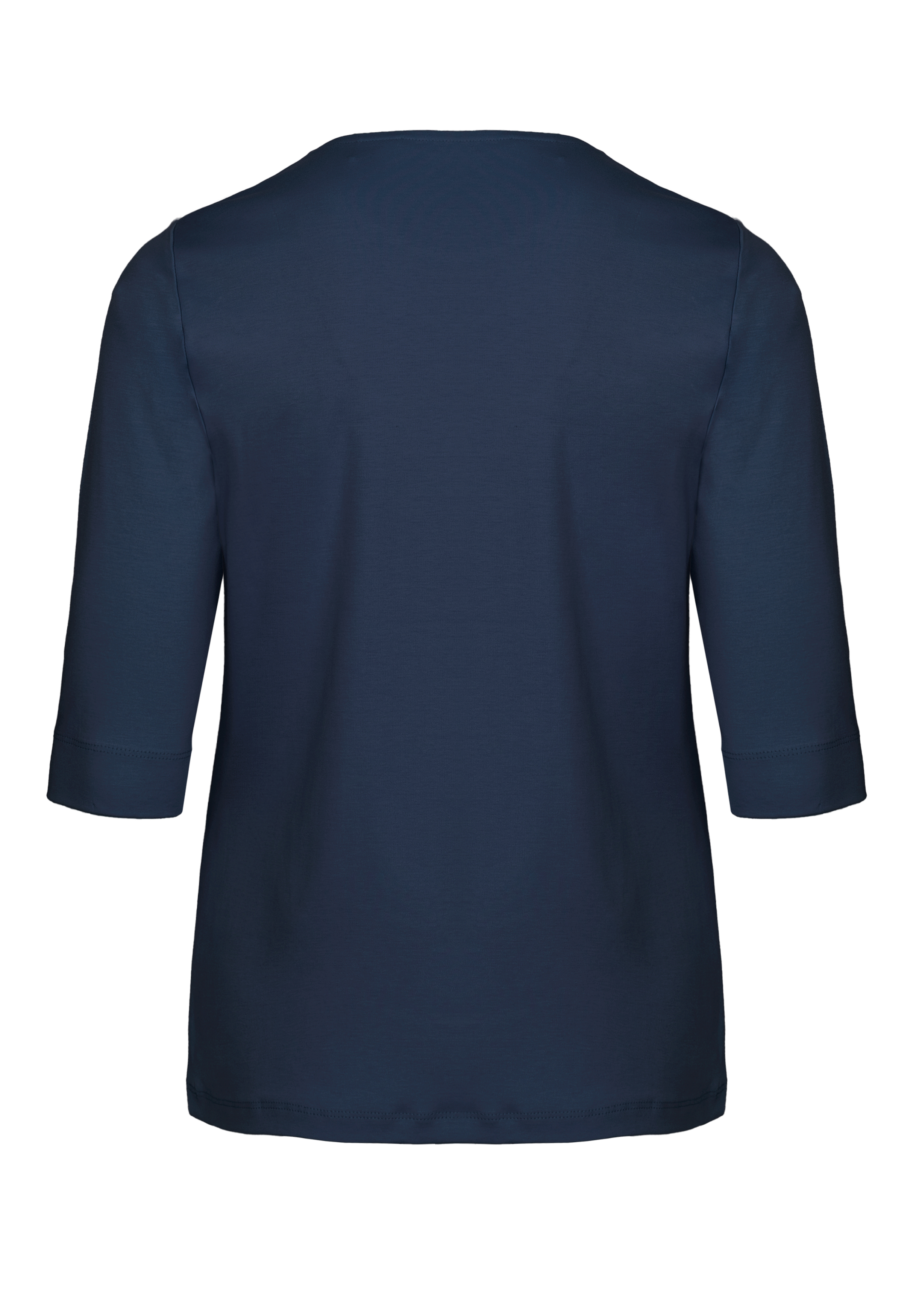 Ein schlichtes marineblaues Hemd mit Dreiviertelärmeln von hinten auf weißem Hintergrund.