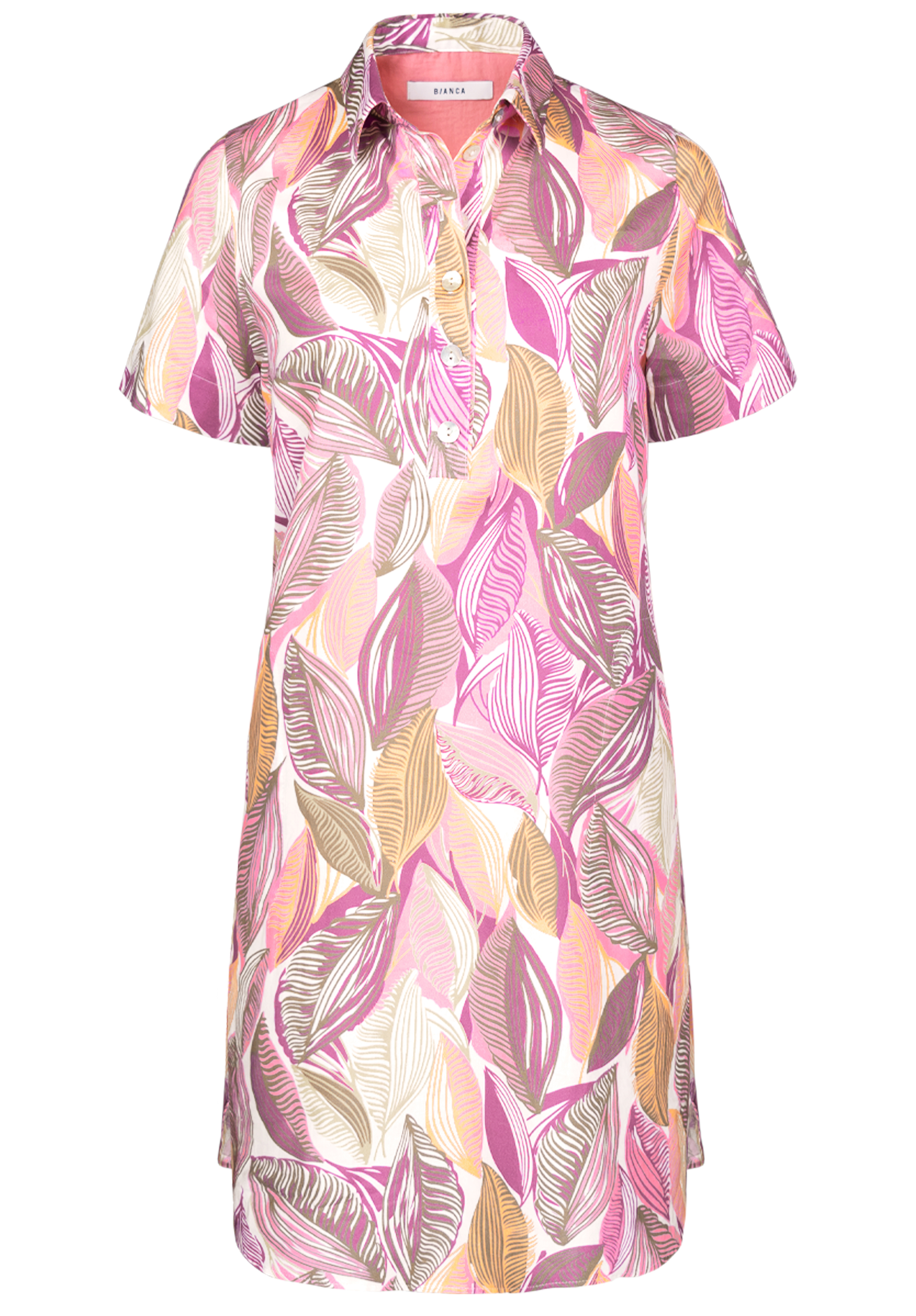 Ein kurzärmeliges Kleid mit Kragen, geknöpftem Ausschnitt und einem leuchtenden Blättermuster in den Farben Rosa, Lila, Beige und Weiß.