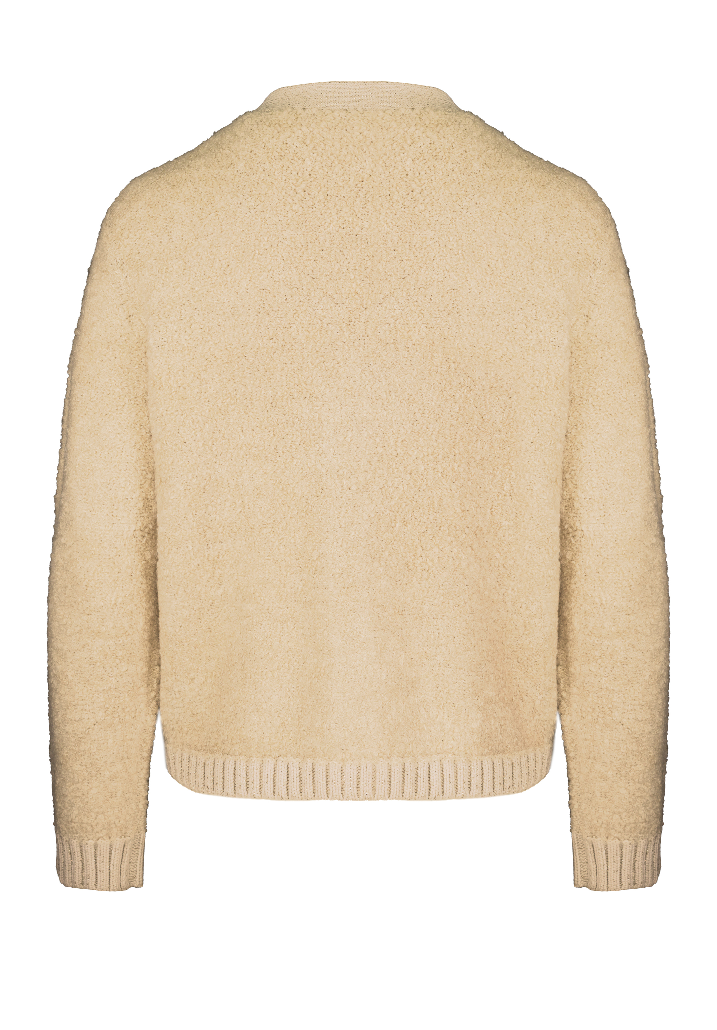 Rückenansicht eines beigefarbenen, langärmeligen, flauschigen Pullovers mit Rundhalsausschnitt und gerippten Bündchen und Saum.