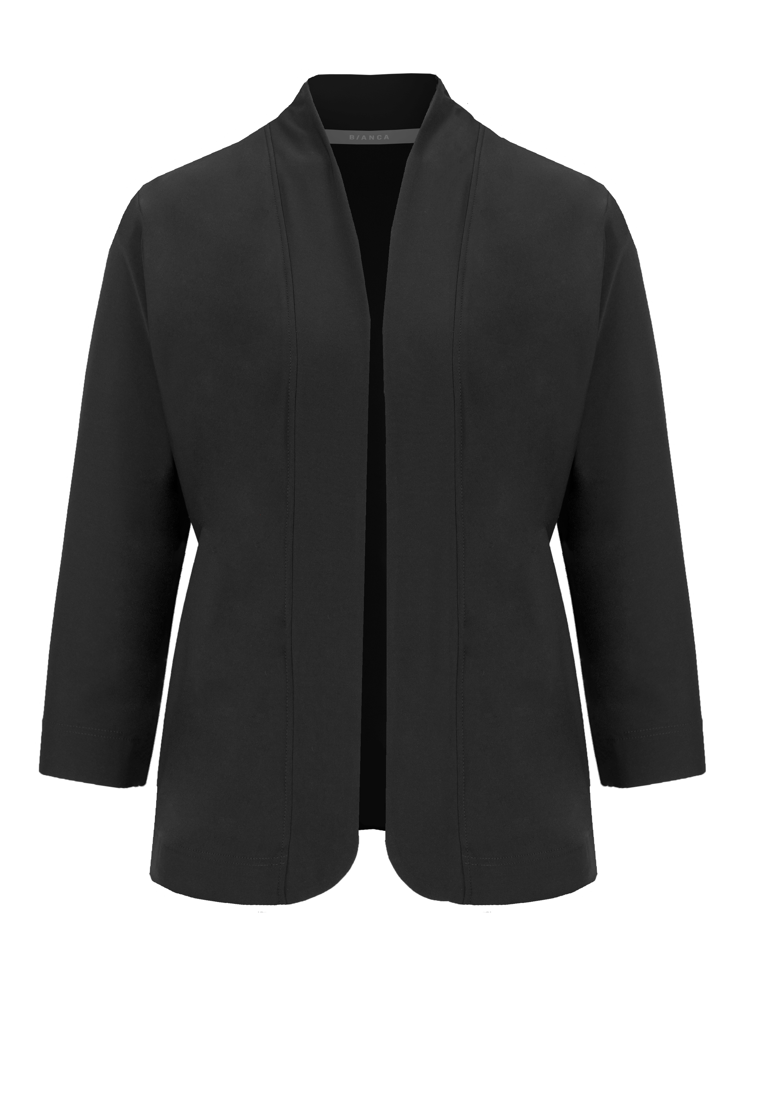 Eine schwarze Strickjacke mit offenen Ärmeln und geradem Saum ohne sichtbare Knöpfe oder Verschlüsse auf weißem Hintergrund.