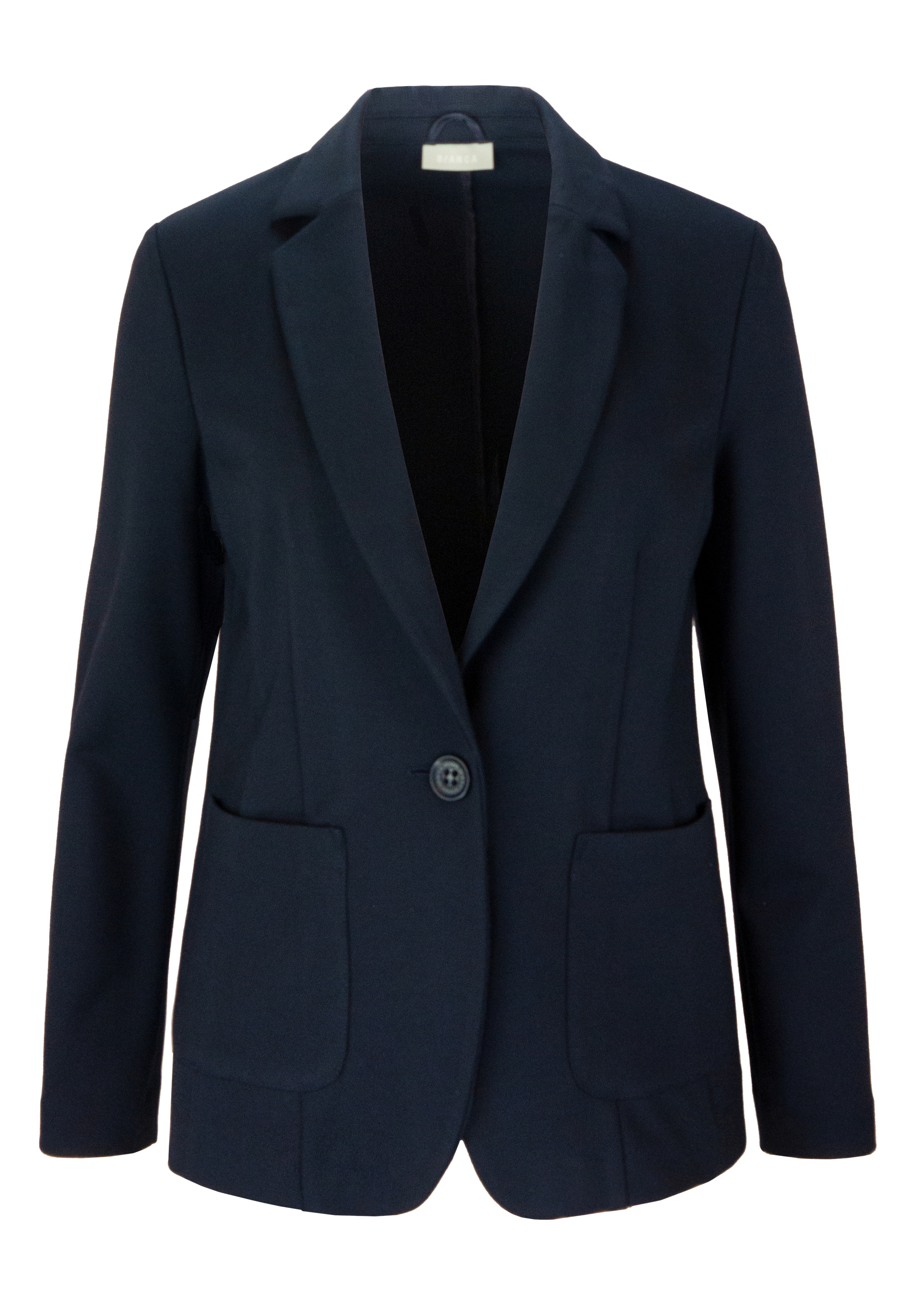 Ein marineblauer Damenblazer mit einem Knopfverschluss, Revers und zwei aufgesetzten Vordertaschen, abgebildet auf einem schlichten weißen Hintergrund.