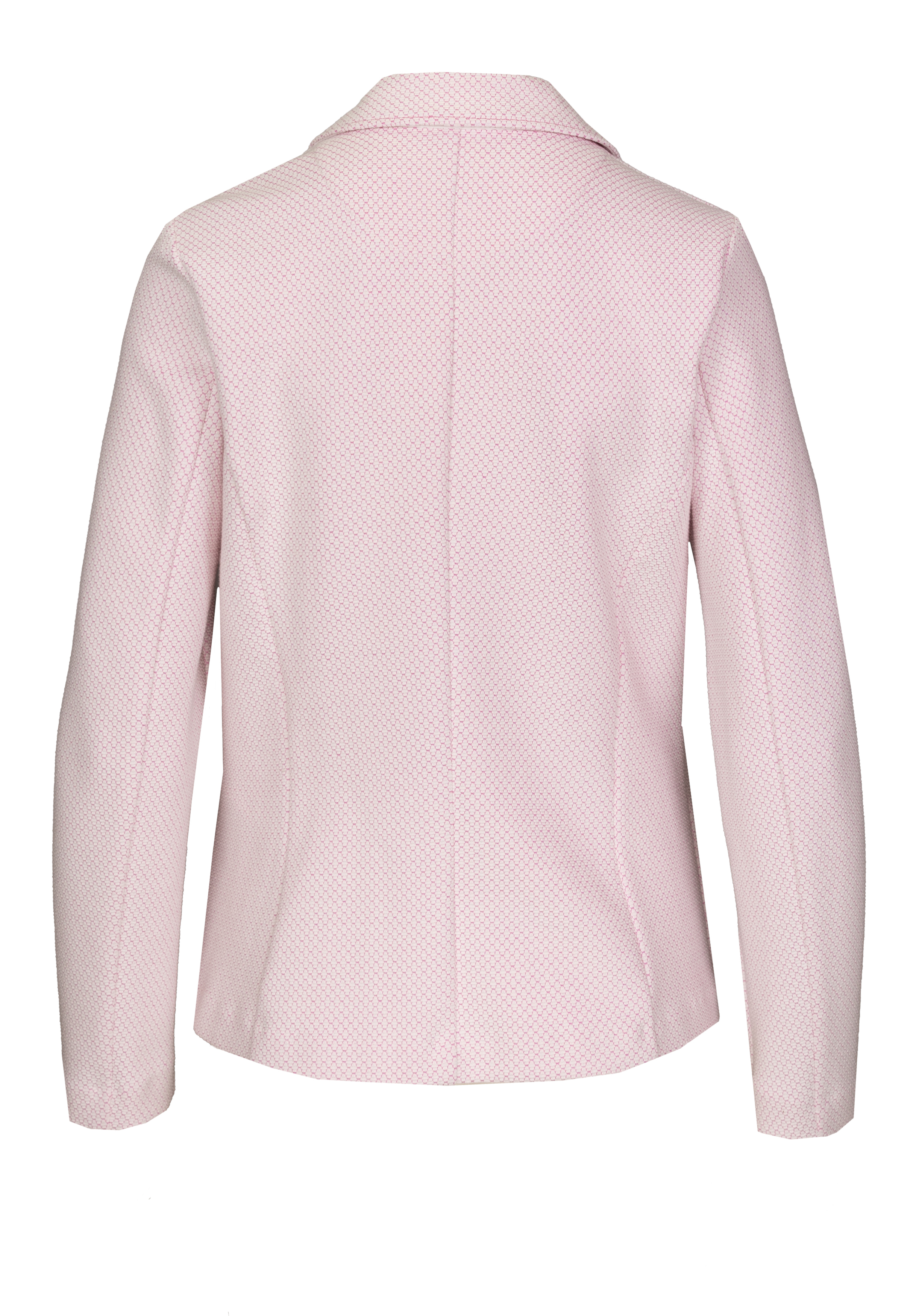 Ein hellrosa strukturierter Damenblazer von hinten gezeigt, mit langen Ärmeln, einem Reverskragen und taillierten Nähten für einen maßgeschneiderten Look.