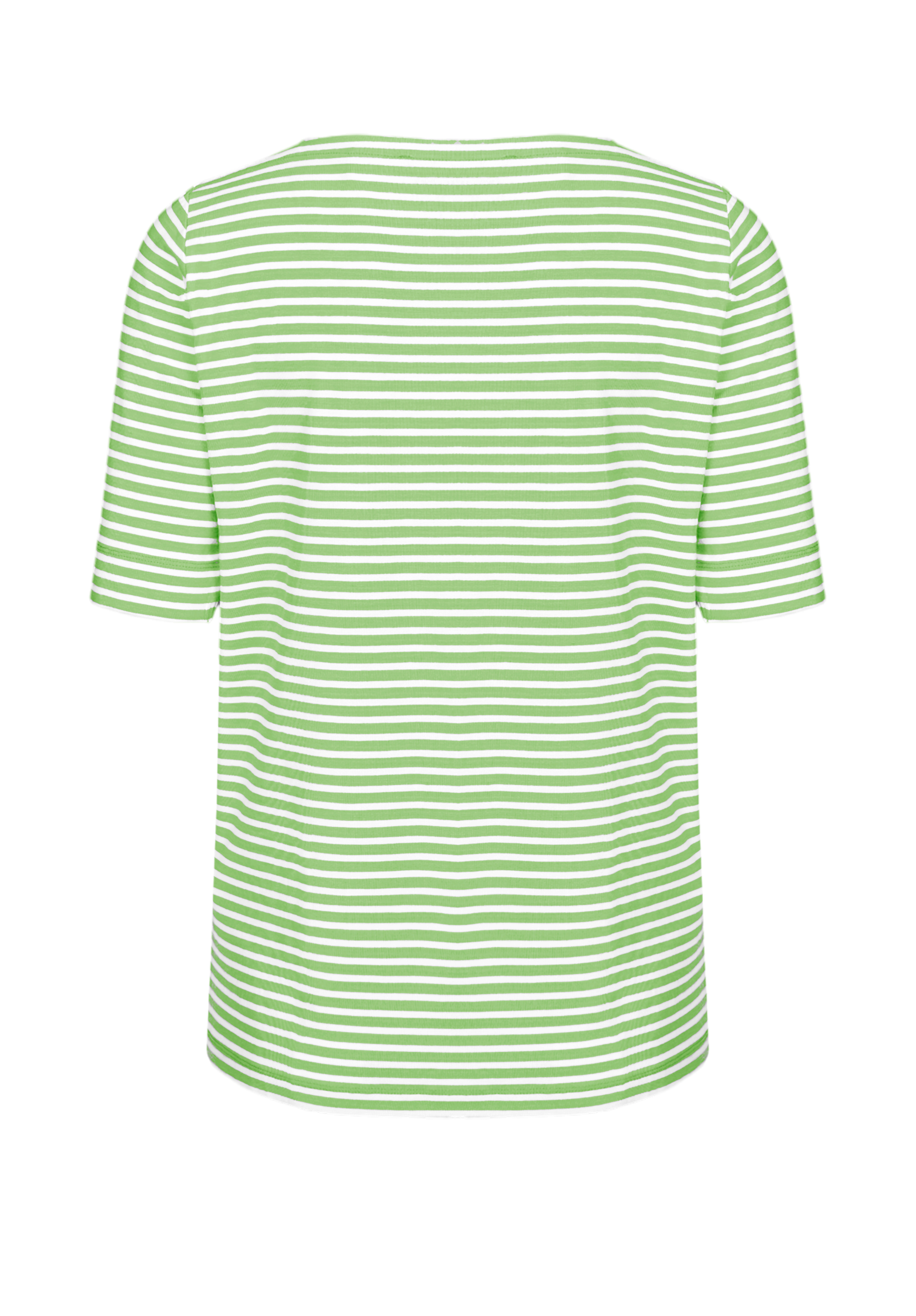Rückansicht eines kurzärmeligen T-Shirts mit horizontalen weißen und hellgrünen Streifen auf einem schlichten weißen Hintergrund.