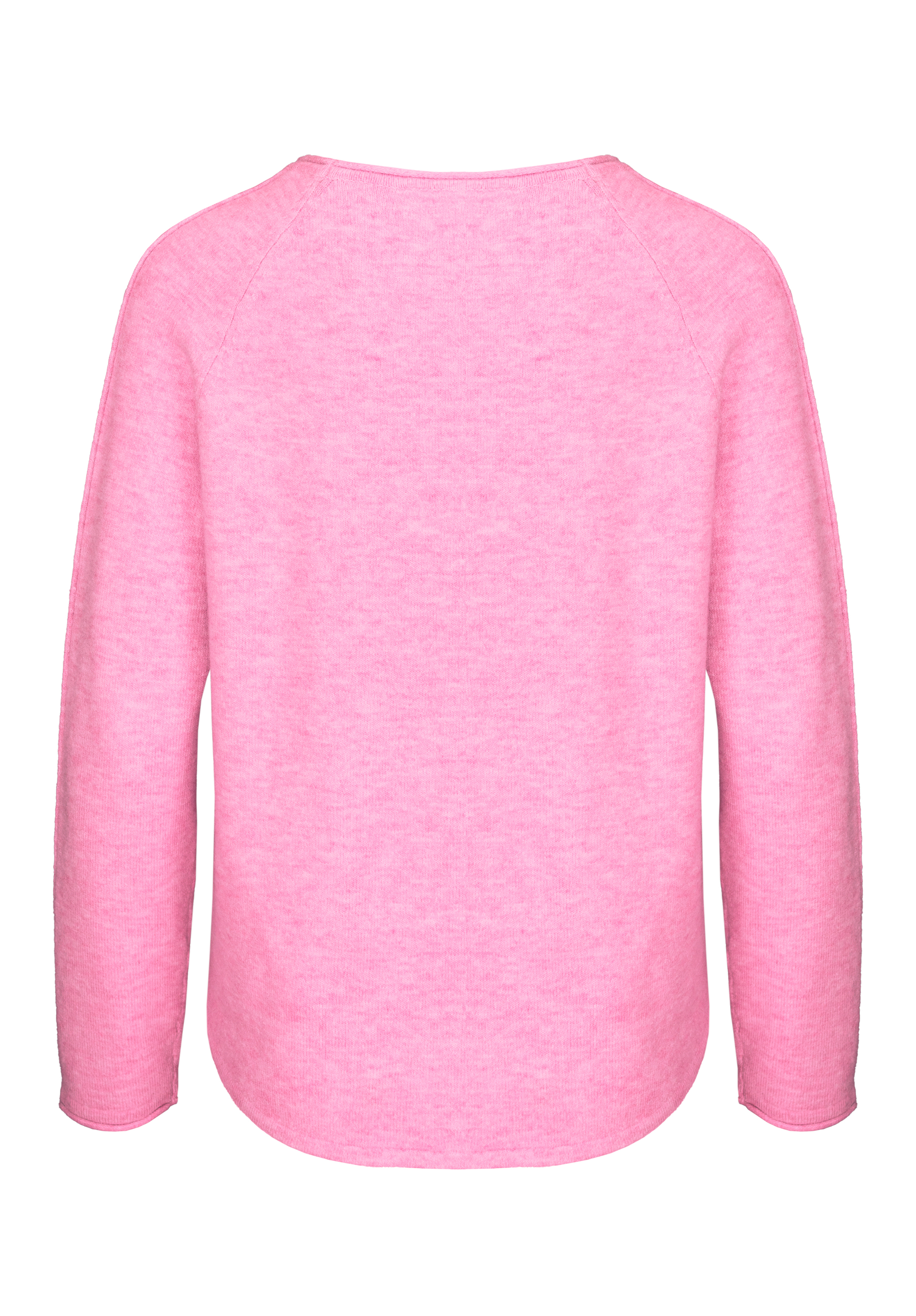 Rückenansicht eines langärmeligen, hellrosa Pullovers auf weißem Hintergrund. Der Pullover hat einen einfachen Rundhalsausschnitt und einen leicht geschwungenen Saum.
