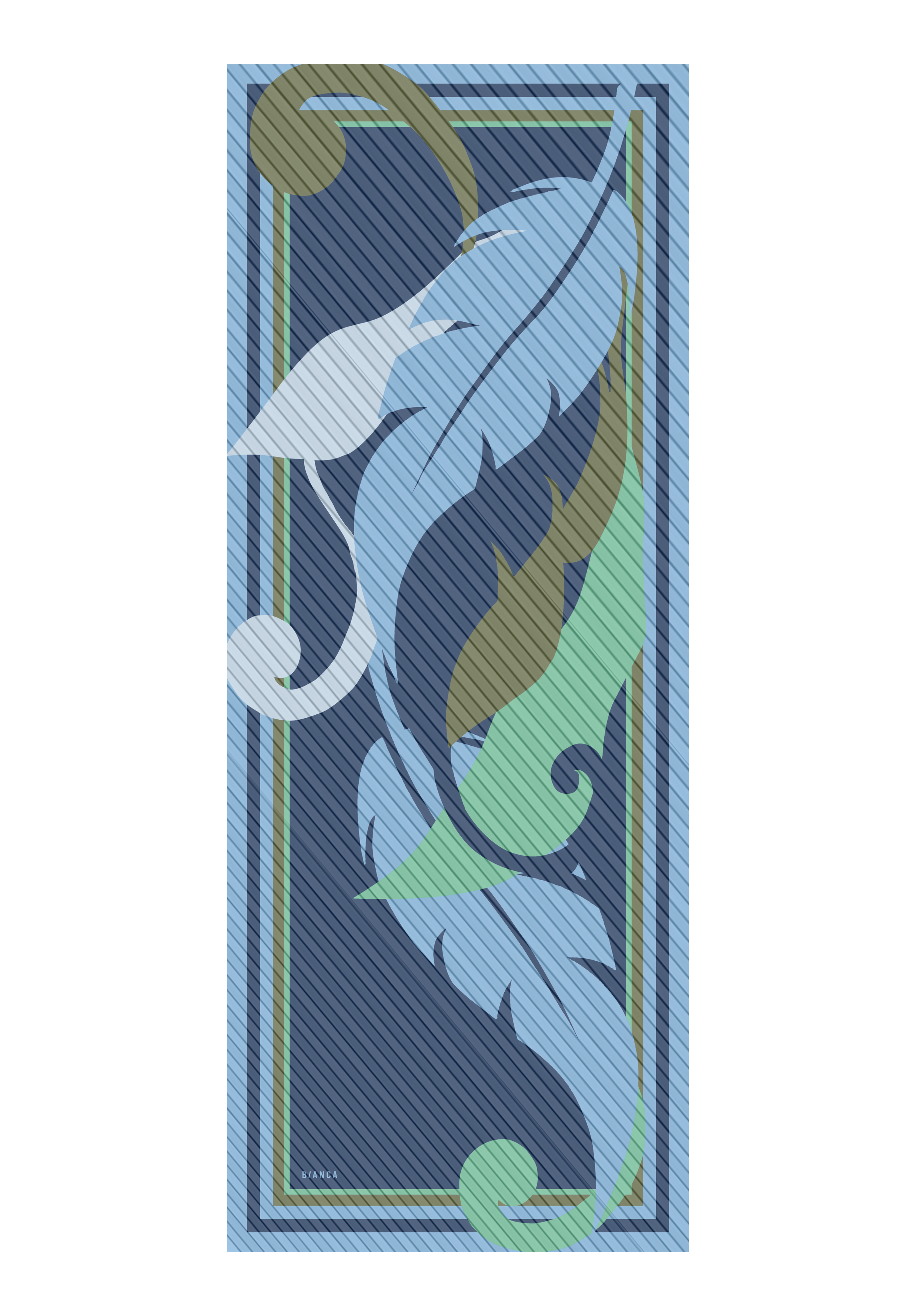 Rechteckiges Design mit wirbelnden, stilisierten Blättern in Blau-, Grün- und Olivtönen. Die Blätter überlappen sich und wölben sich innerhalb eines blauen Rahmens vor einem dunkelblauen Hintergrund mit diagonalen Streifen.