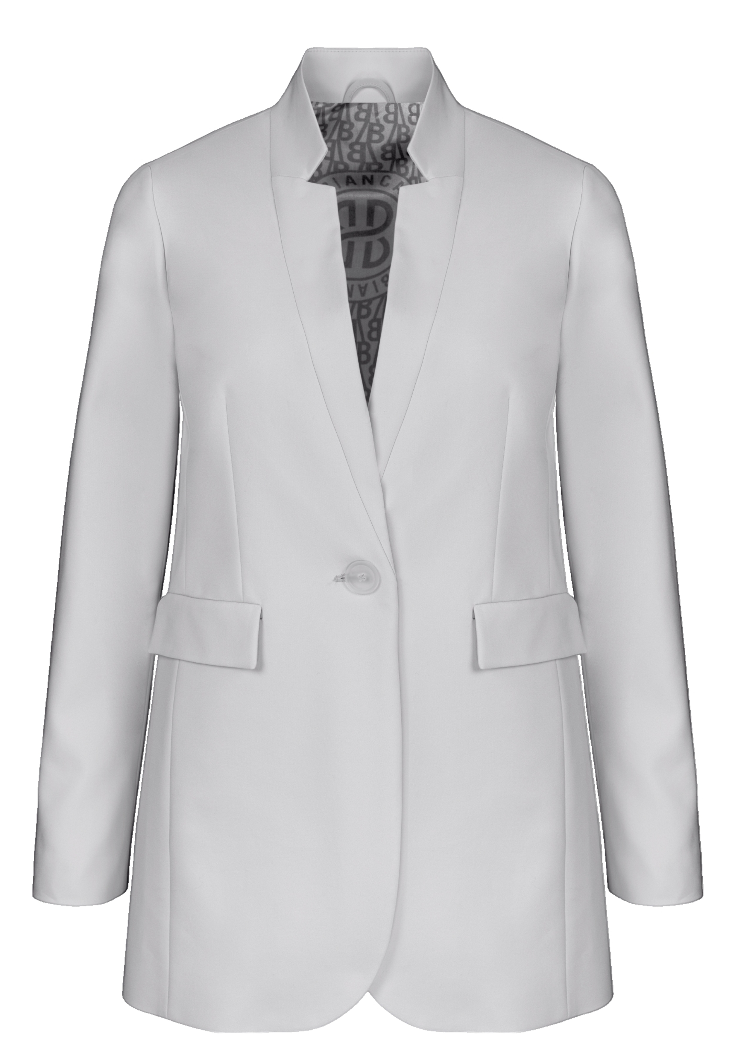 Ein weißer Blazer mit einem Knopf vorne, Reverskragen und zwei Pattentaschen vorne. Das Innenfutter ist mit einem Muster aus schwarzen Buchstaben in verschiedenen Ausrichtungen versehen.