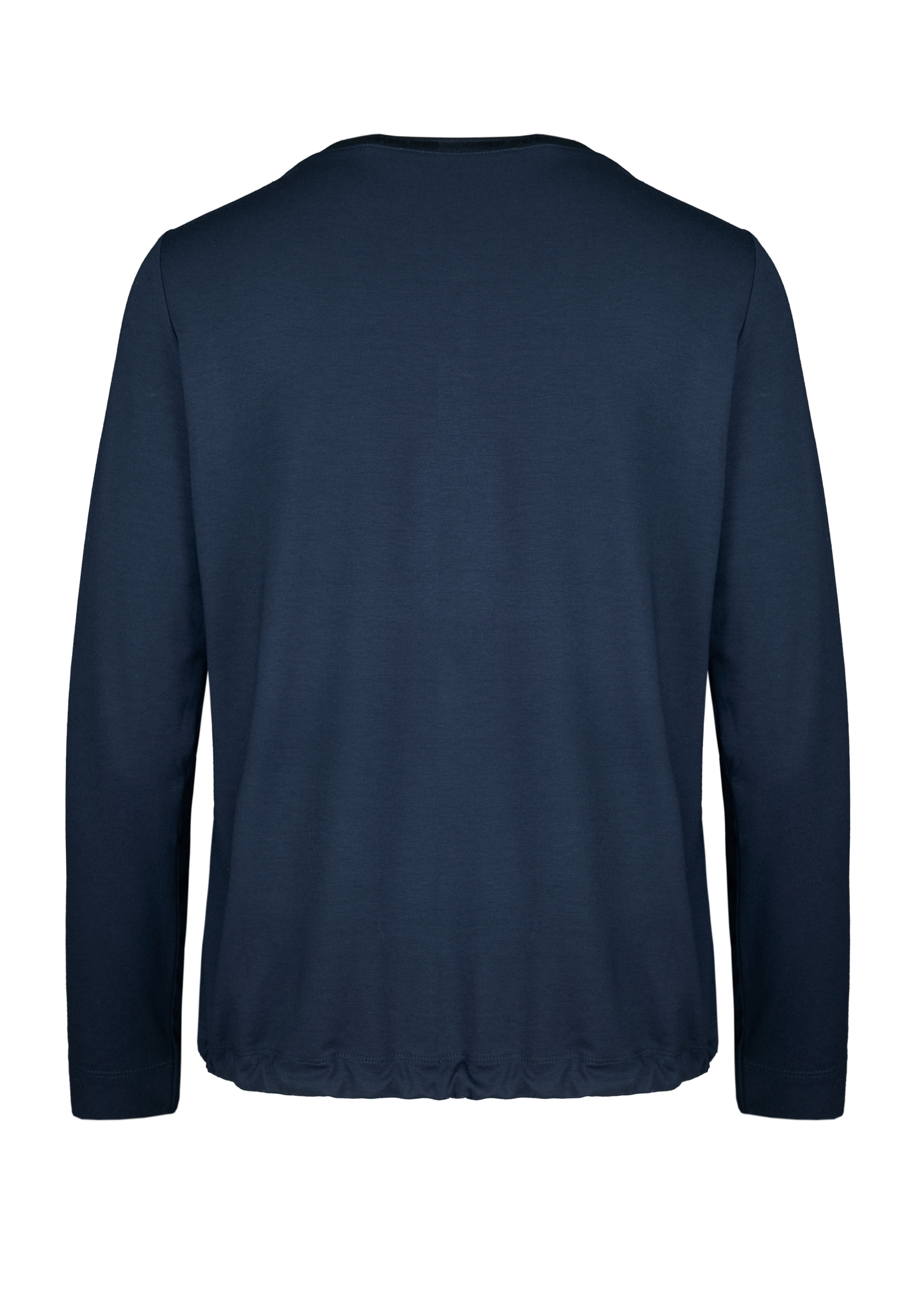 Ein schlichtes, langärmeliges, dunkelblaues Hemd wird von hinten vor einem weißen Hintergrund gezeigt. Das Hemd hat ein einfaches Design ohne sichtbare Muster oder Logos.