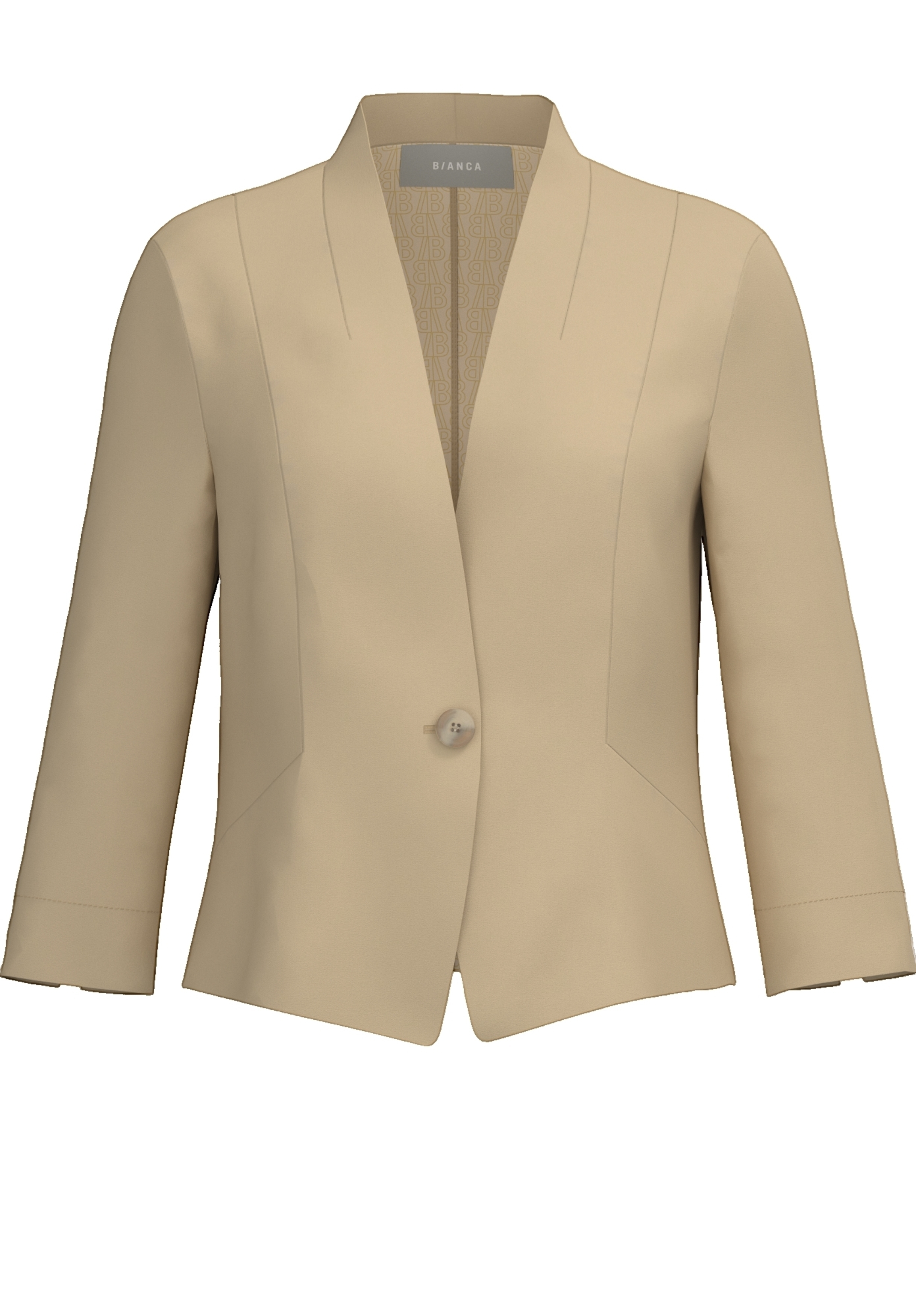 Ein beiger Damenblazer mit einem Knopf, langen Ärmeln und Reverskragen auf schlichtem weißem Hintergrund.
