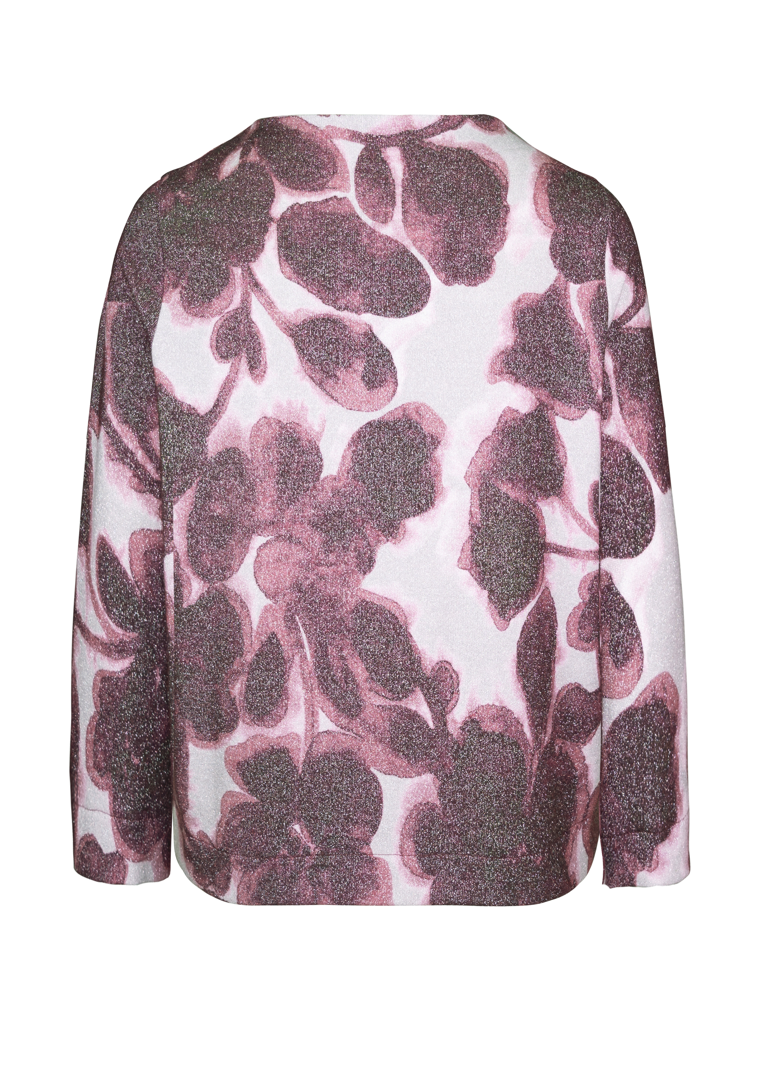 Ein langärmeliges Oberteil mit einem metallischen rosa und lila Blumenmuster, von hinten gesehen. Die Grundfarbe ist hell mit großen, abstrakten Blumenformen, die das Kleidungsstück bedecken.