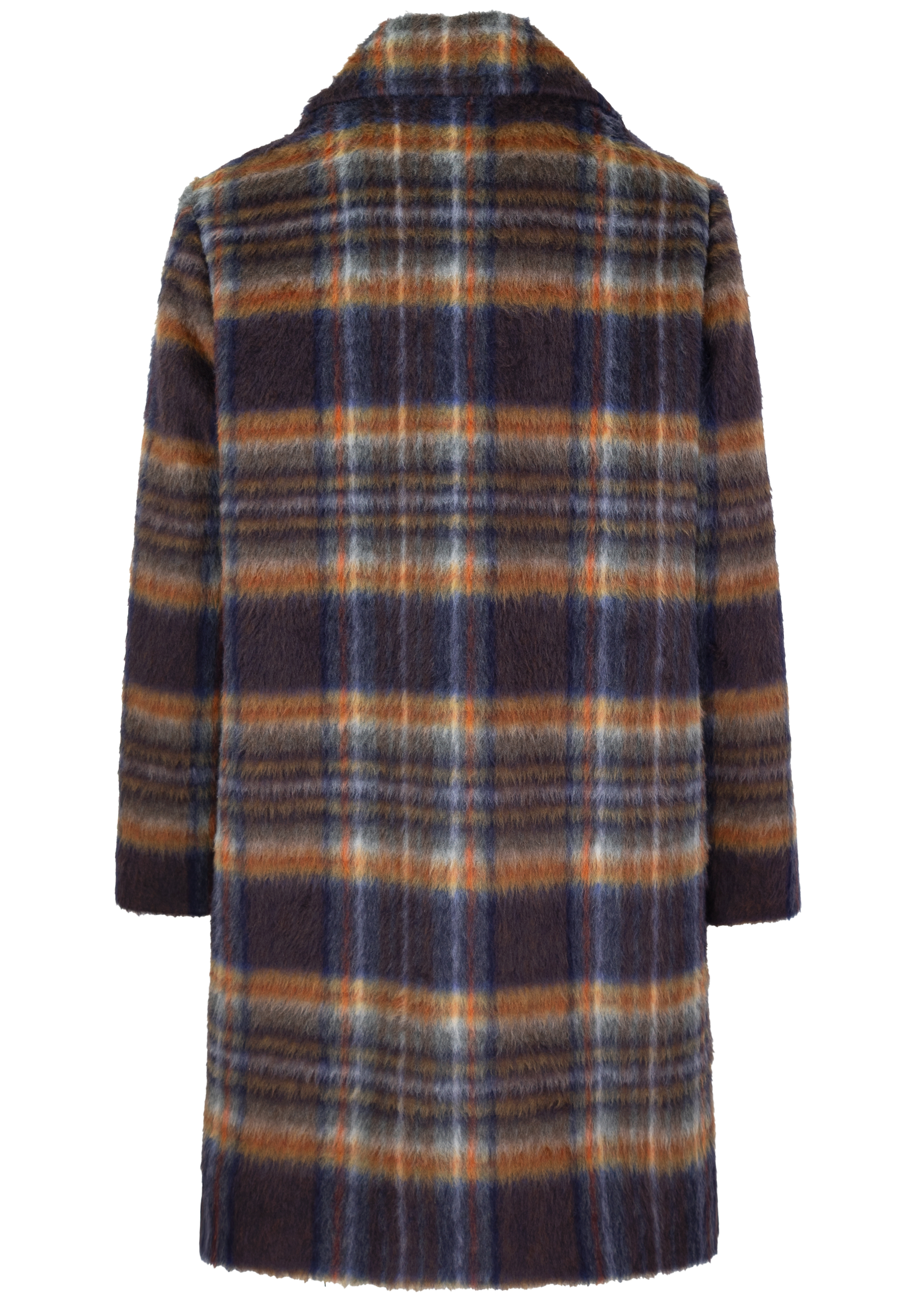 Rückenansicht eines mittellangen Mantels mit flauschiger Textur und einem Karomuster in Blau-, Orange-, Braun- und Weißtönen. Der Mantel hat einen Kragen und lange Ärmel.