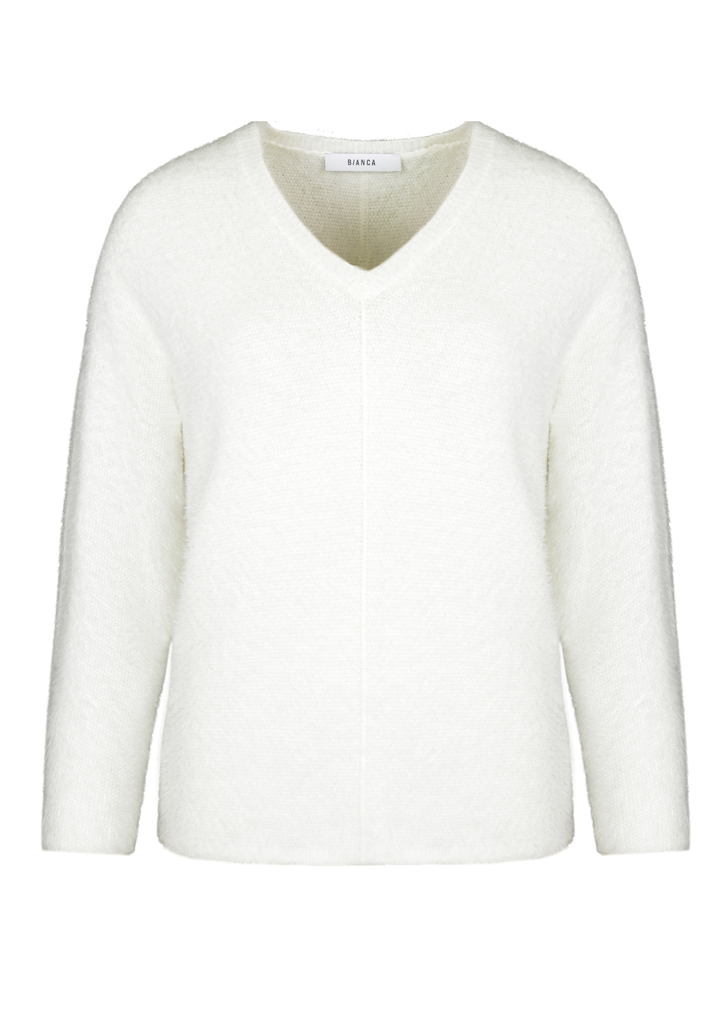 Ein schlichter weißer langärmeliger Pullover mit V-Ausschnitt und weichem, strukturiertem Stoff auf weißem Hintergrund.
