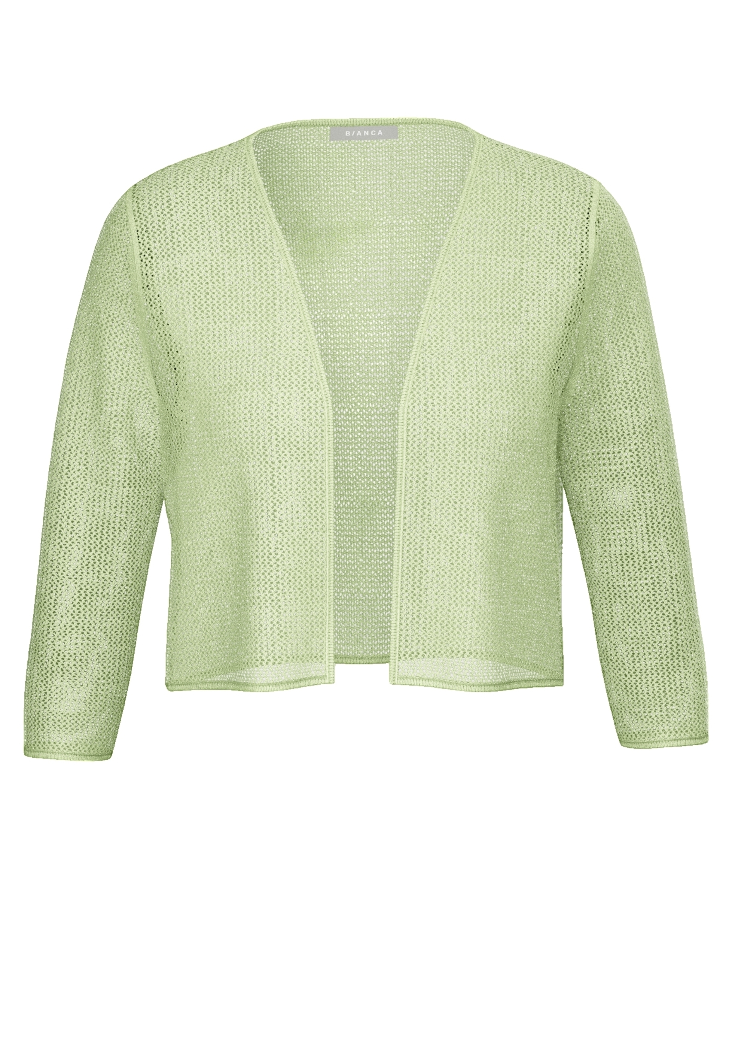 Hellgrüne, vorne offene Langarm-Strickjacke mit lockerer, luftiger Textur. Die Strickjacke hat eine kurze Länge und keine sichtbaren Knöpfe oder Verschlüsse. Abgebildet auf schlichtem weißem Hintergrund.