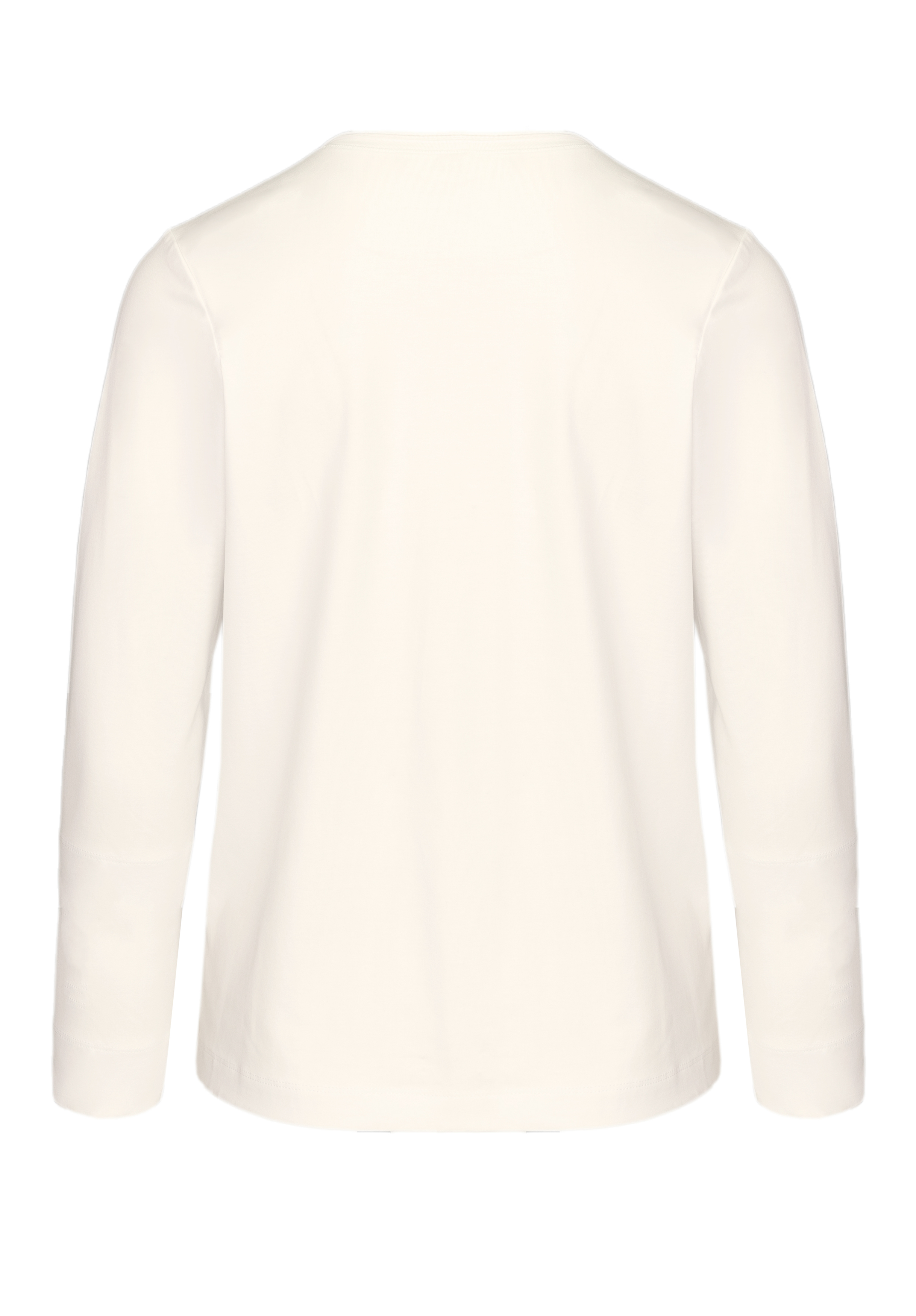 Rückenansicht eines einfachen, langärmeligen, cremefarbenen Hemdes mit einfachem, geradem Schnitt und ohne sichtbare Muster oder Verzierungen.