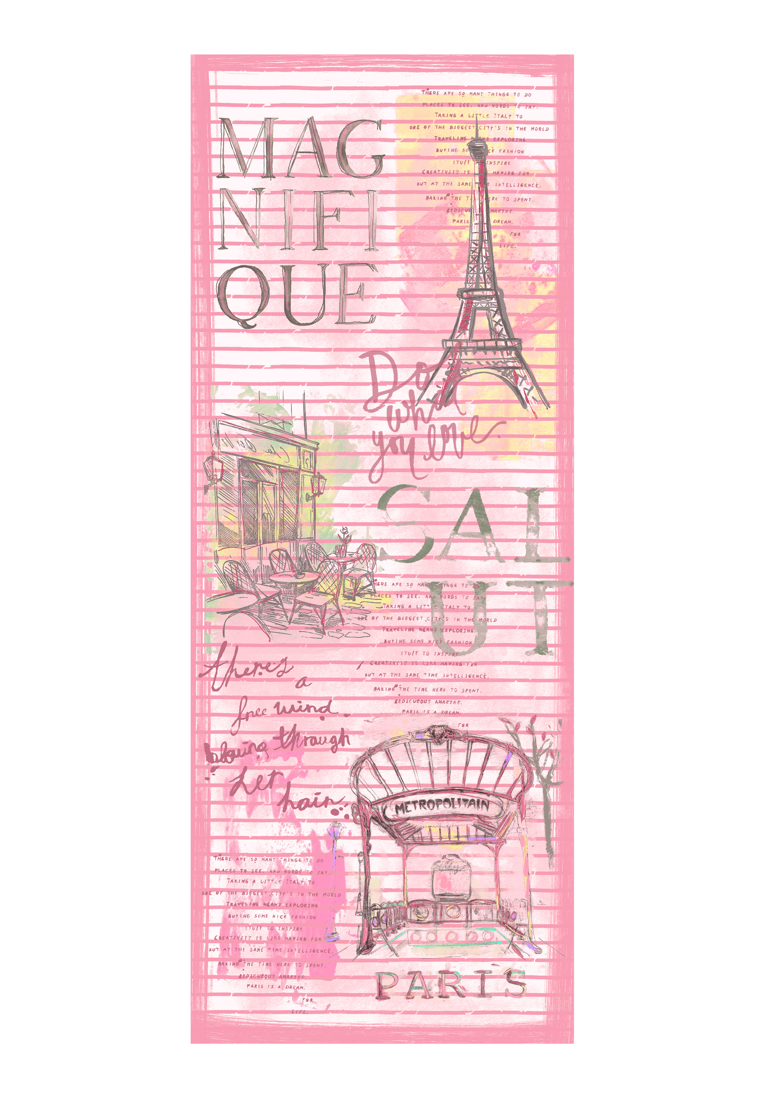 Eine in Rosa und Weiß illustrierte Collage zeigt den Eiffelturm, den Eingang zur Pariser Metro, Gebäude, französische Wörter wie „Magnifique“, „Salut“ und „Paris“ sowie handschriftliche Notizen, alles auf liniertem Papier angeordnet.