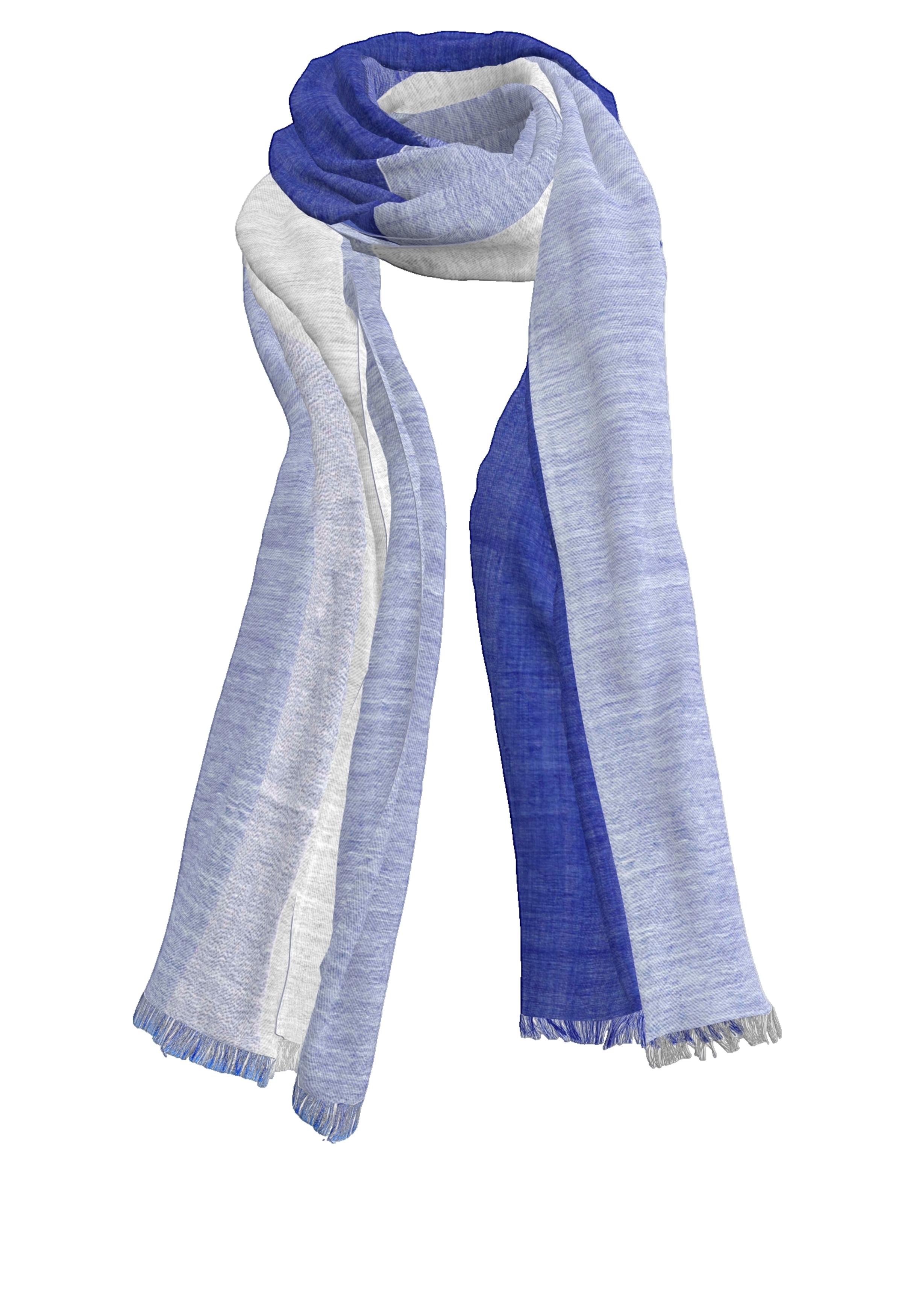 Ein leichter Schal mit Colorblock-Design in weißen, hellblauen und dunkelblauen Abschnitten und kurzen Fransen an beiden Enden.