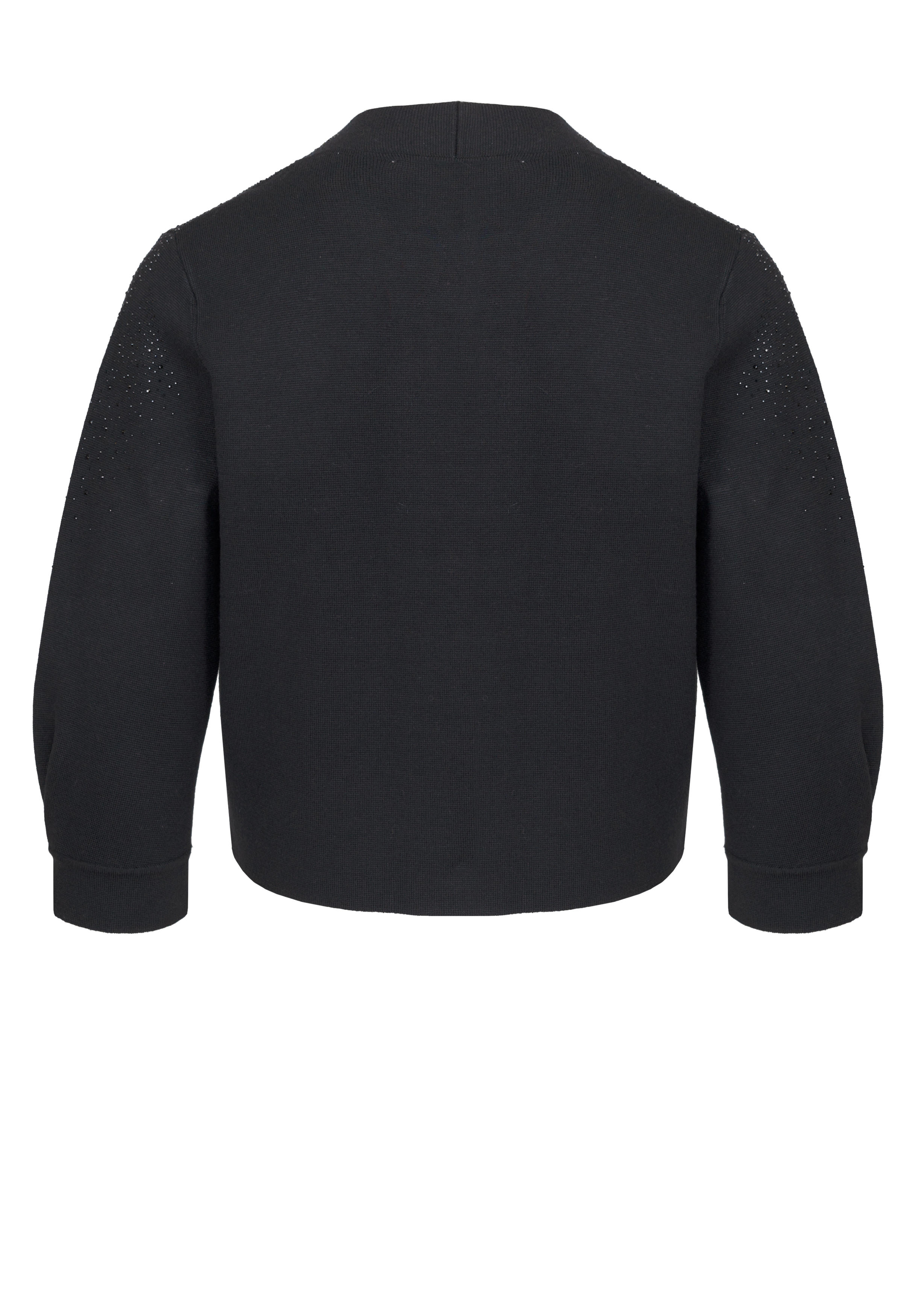 Rückansicht eines langärmeligen schwarzen Pullovers mit gerippten Bündchen und dezenten dekorativen Details an den Schultern, vor weißem Hintergrund.