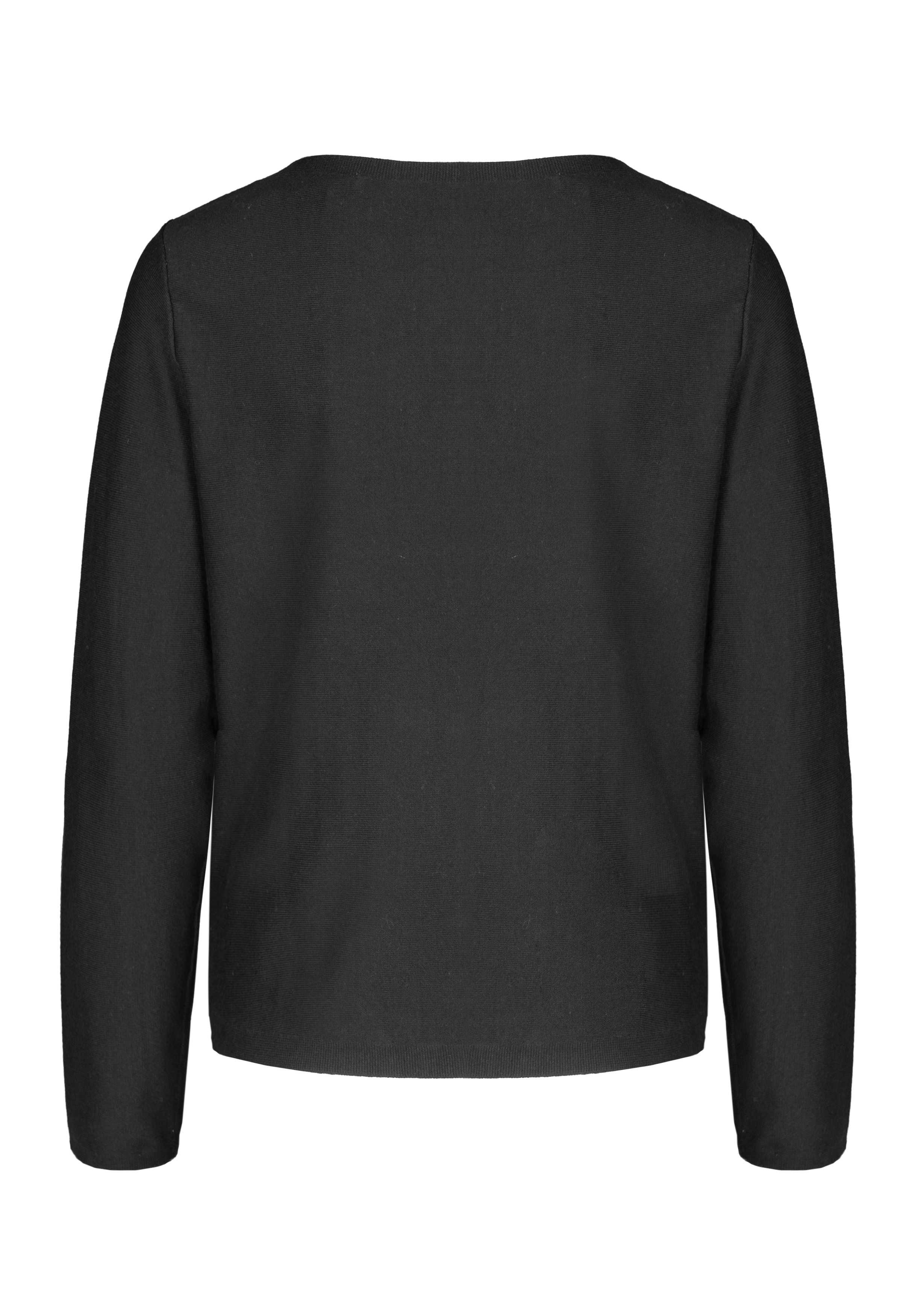 Rückansicht eines schlichten schwarzen Langarmshirts mit geradem Ausschnitt und ohne sichtbare Muster, Knöpfe oder Verzierungen.