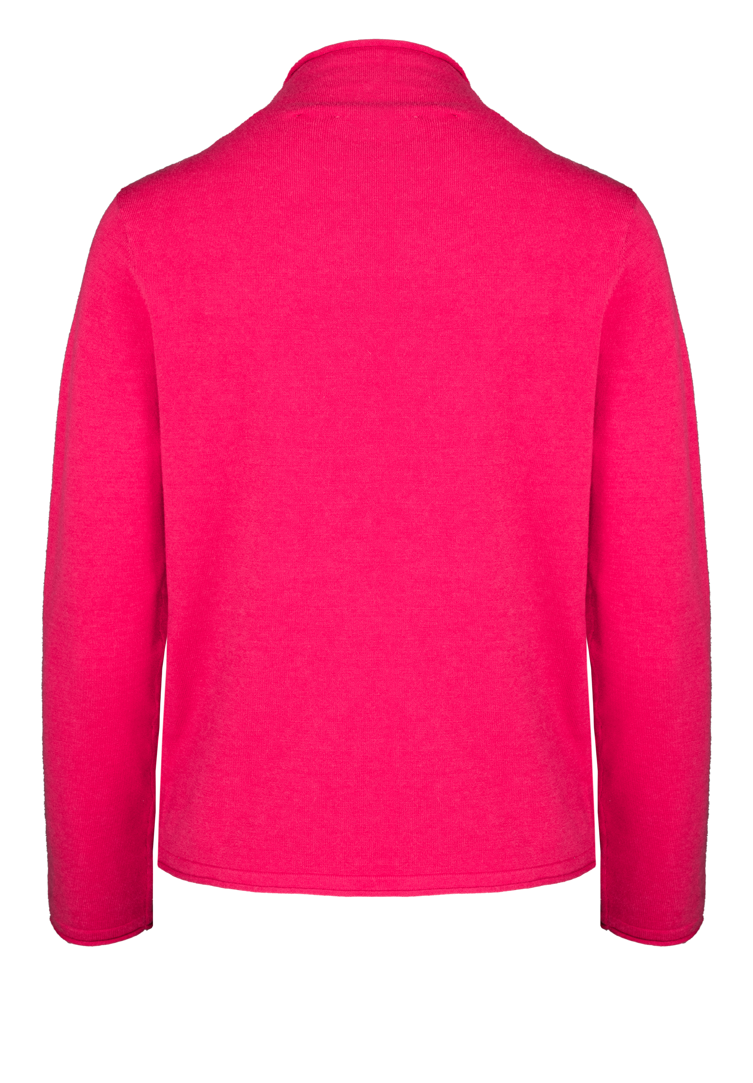 Ein rosafarbener, langärmeliger Pullover, von hinten gesehen, mit einem einfachen Design und ohne sichtbare Muster oder Logos.