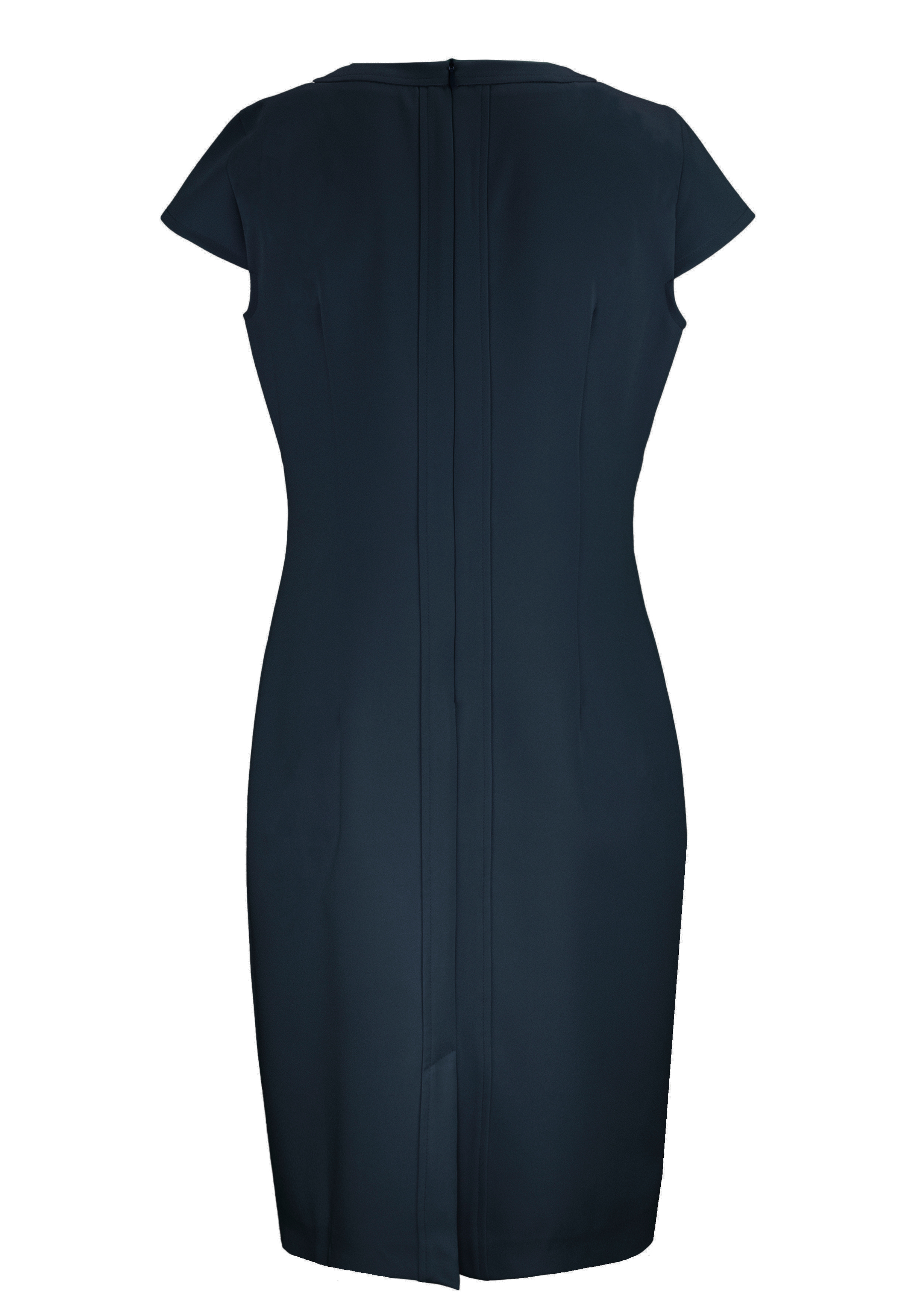 Ein tailliertes, kurzärmeliges, knielanges, marineblaues Kleid, das von hinten gezeigt wird, mit einem verdeckten Reißverschluss und einem kleinen Schlitz am Saum.