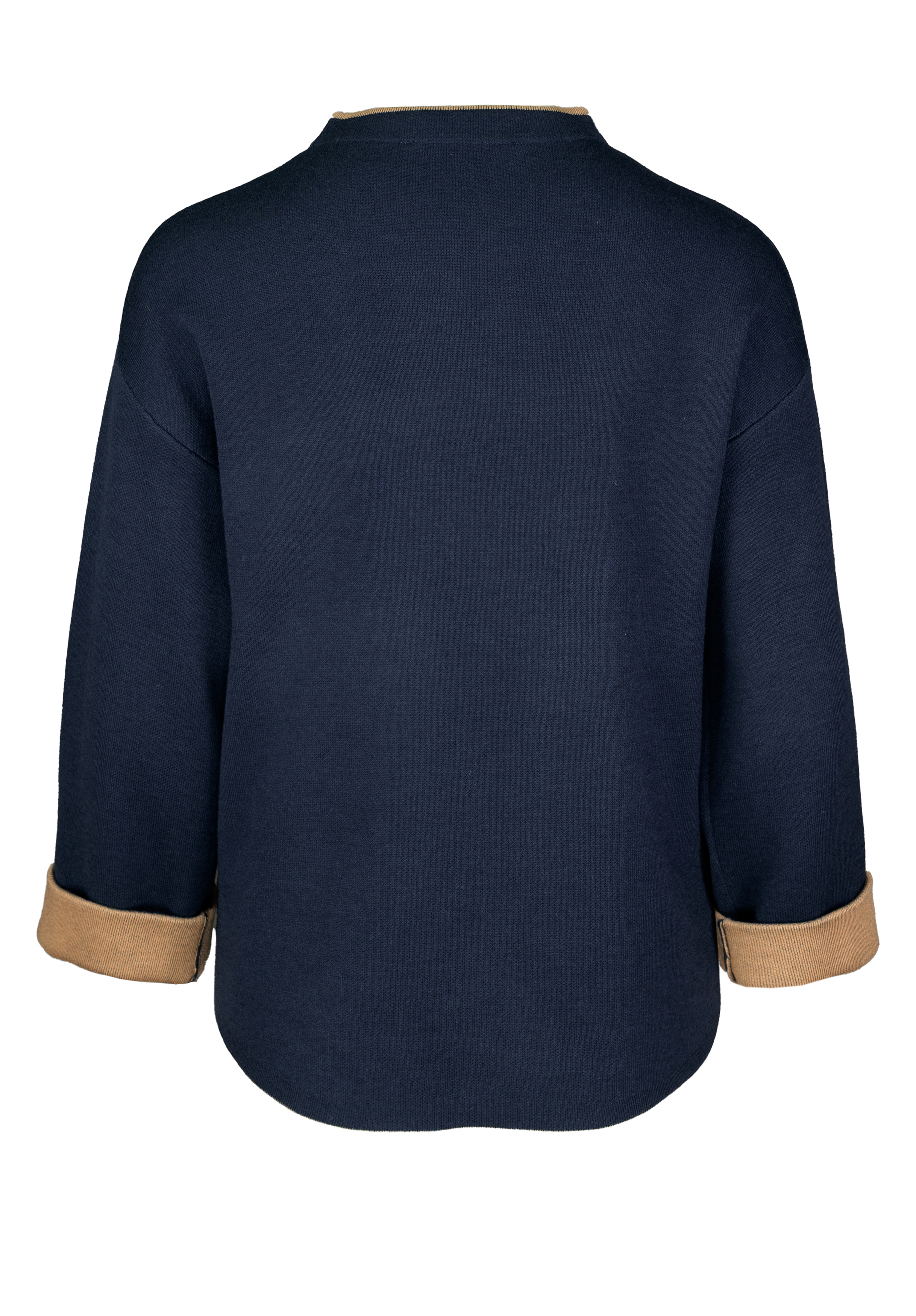 Ein marineblauer langärmeliger Pullover mit hellbraunen Manschetten und Kragenbesatz, von hinten gesehen. Der Pullover hat eine lockere Passform und einen abgerundeten Saum.