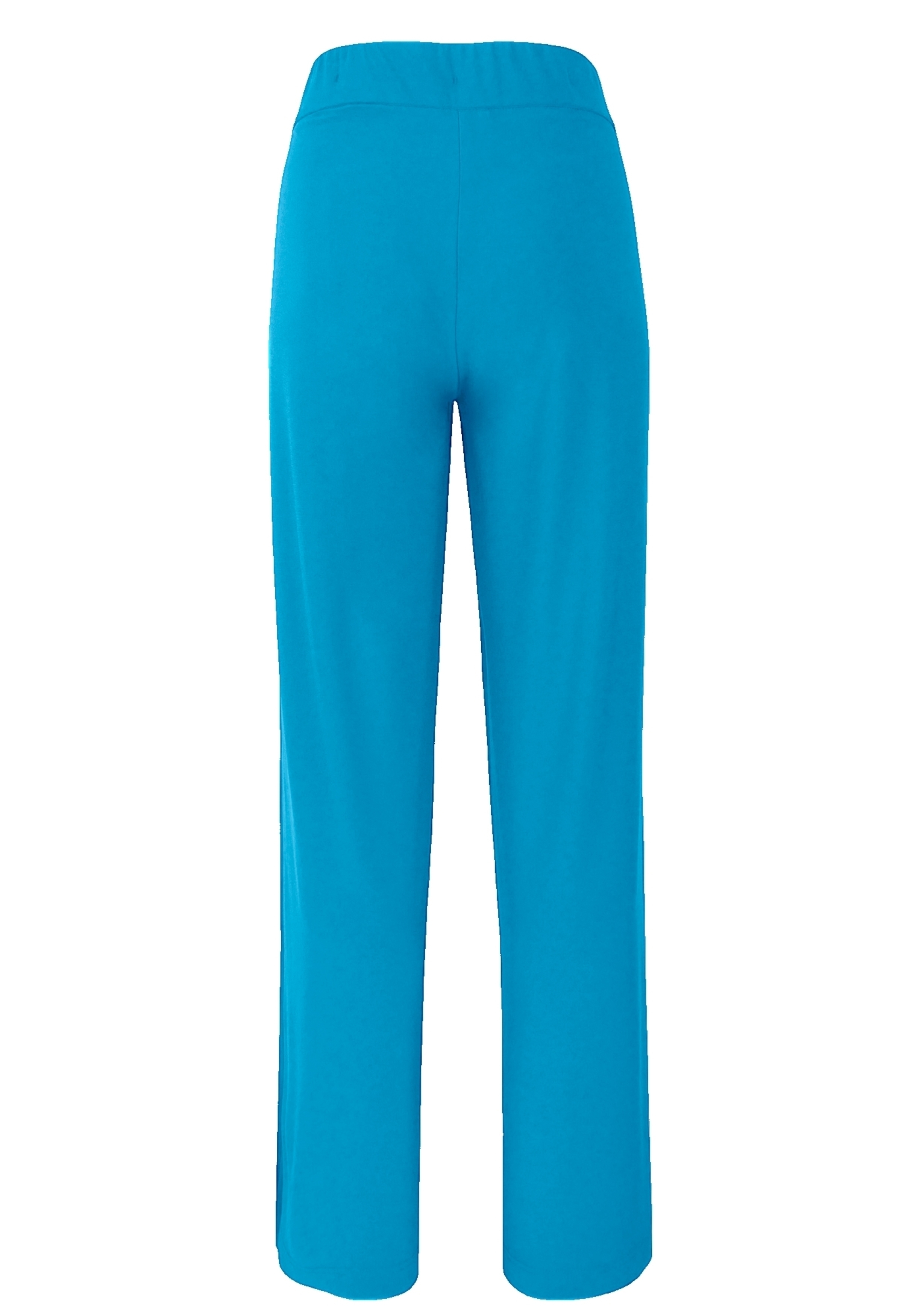 Rückansicht einer hellblauen Hose mit geradem Bein und elastischem Bund auf weißem Hintergrund.