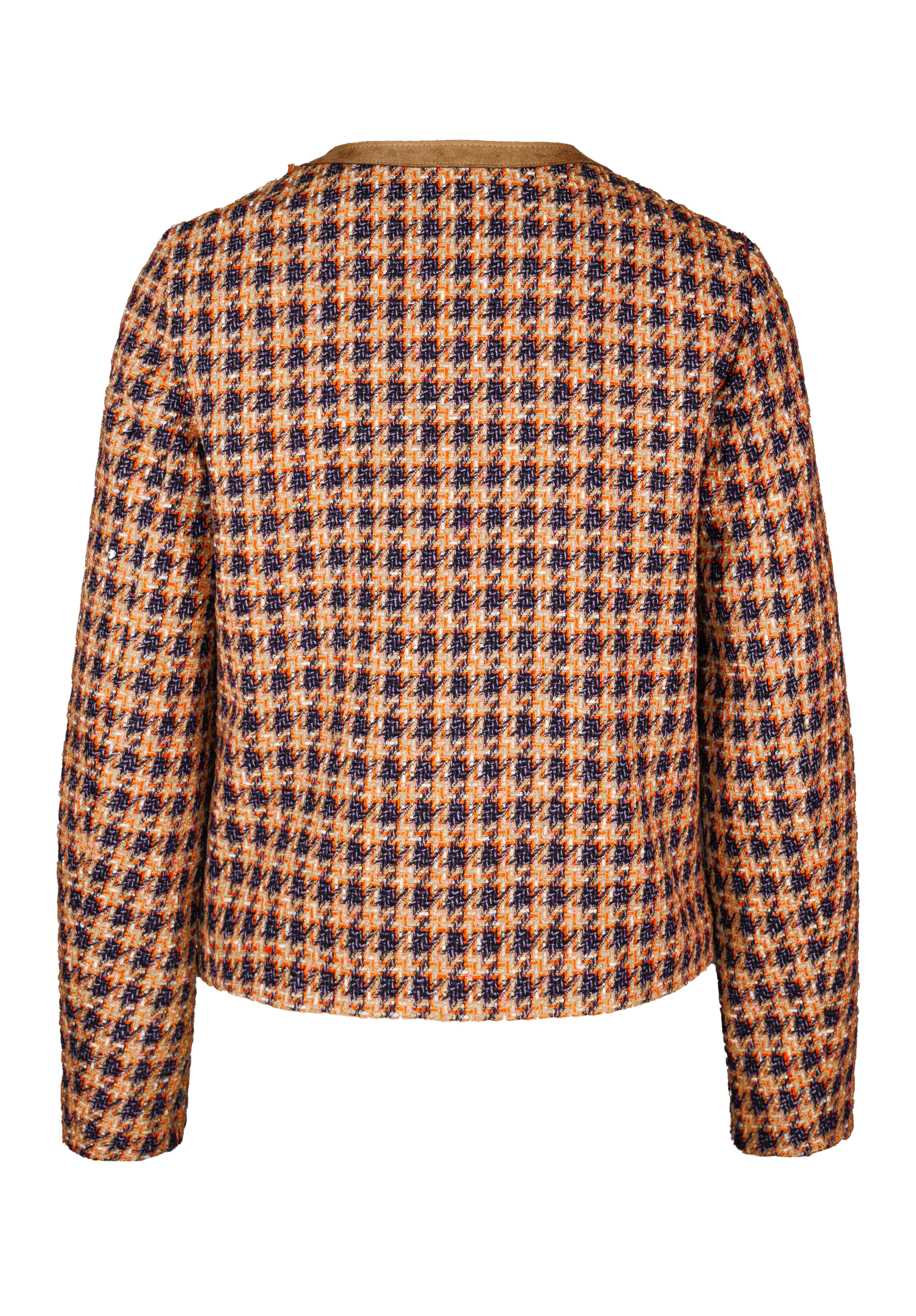 Rückenansicht einer langärmeligen Jacke mit einem orangefarbenen, blauen und beigen Hahnentrittmuster. Die Jacke ist kragenlos, hat einen geraden Saum und keine sichtbaren Verschlüsse.