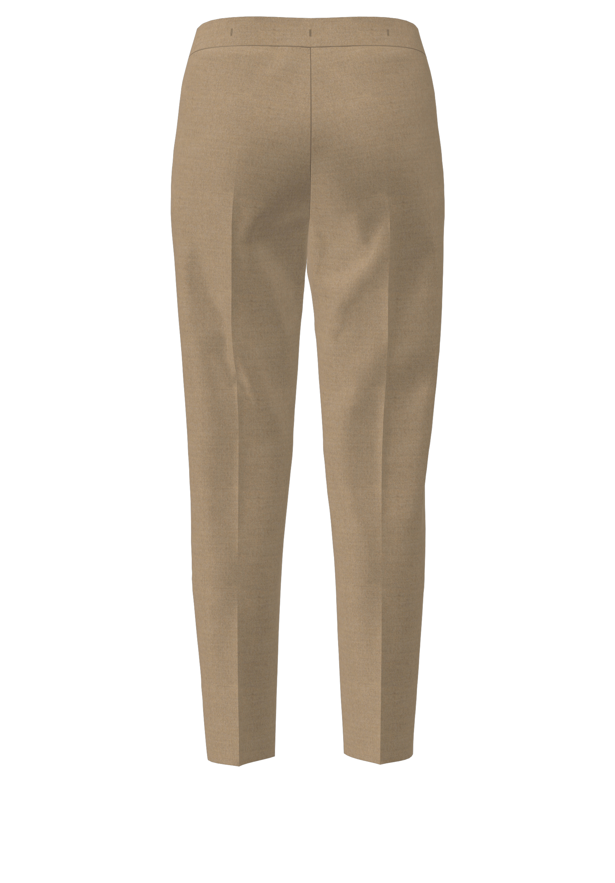 Hellbraune Anzughose von hinten betrachtet, mit schmaler, maßgeschneiderter Passform, Bügelfalten und Gürtelschlaufen am Bund.